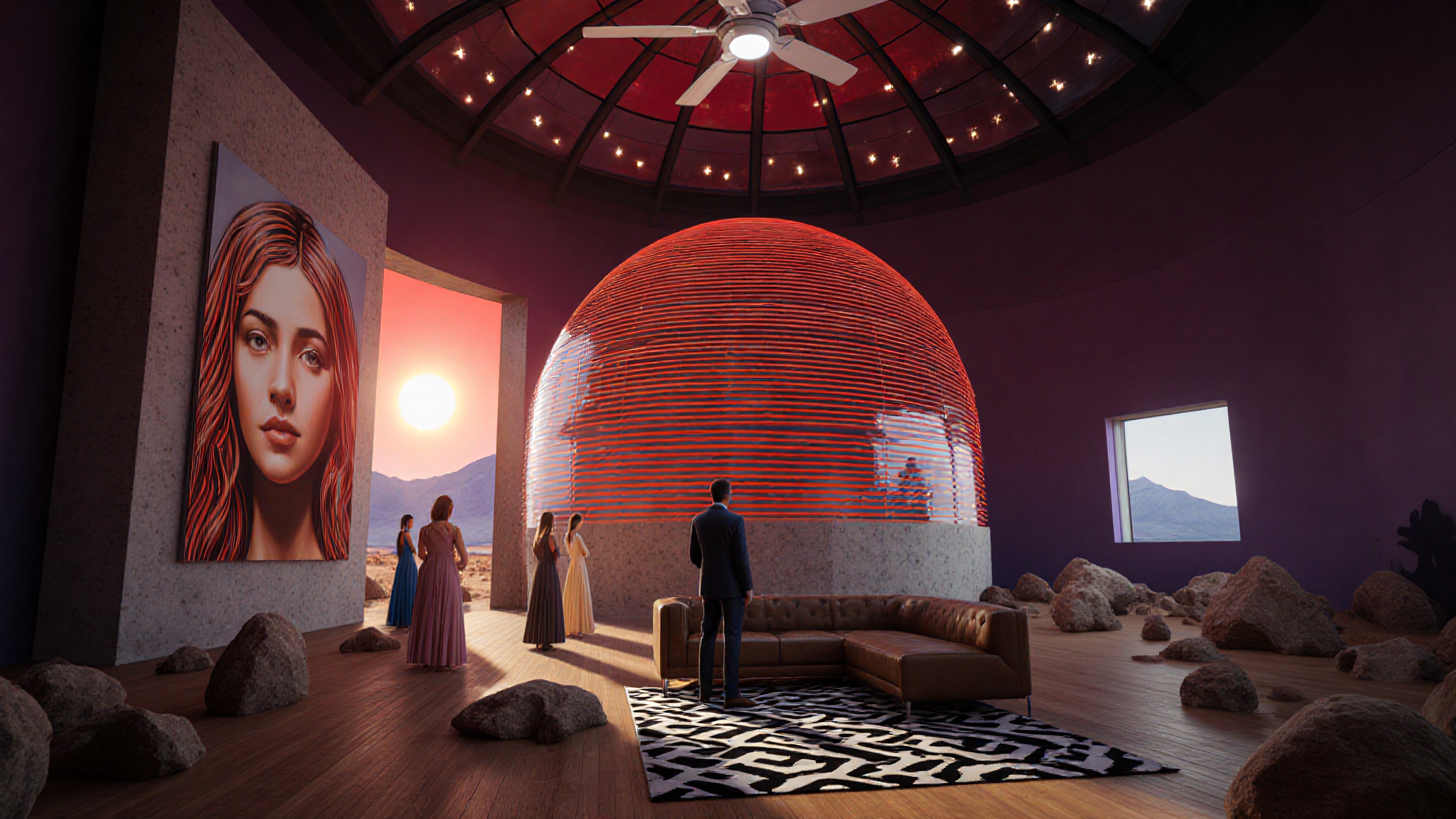 Futuristic interior with large glowing dome and sunset view.