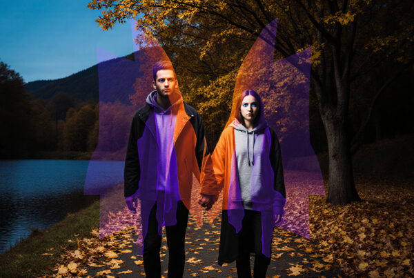 Autumn Couple Walk with Double Exposure Effect by Lake