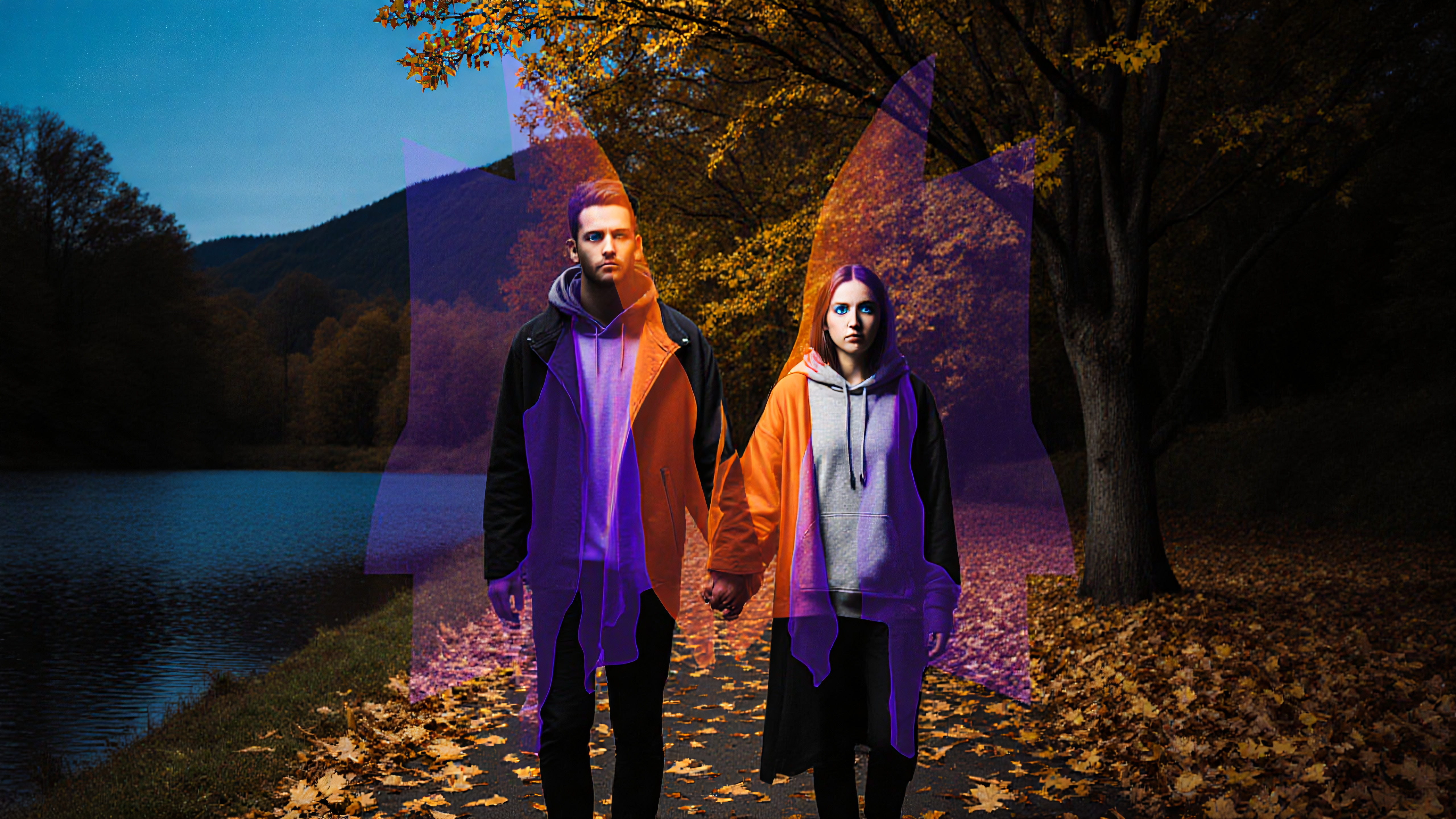 Autumn Couple Walk with Double Exposure Effect by Lake