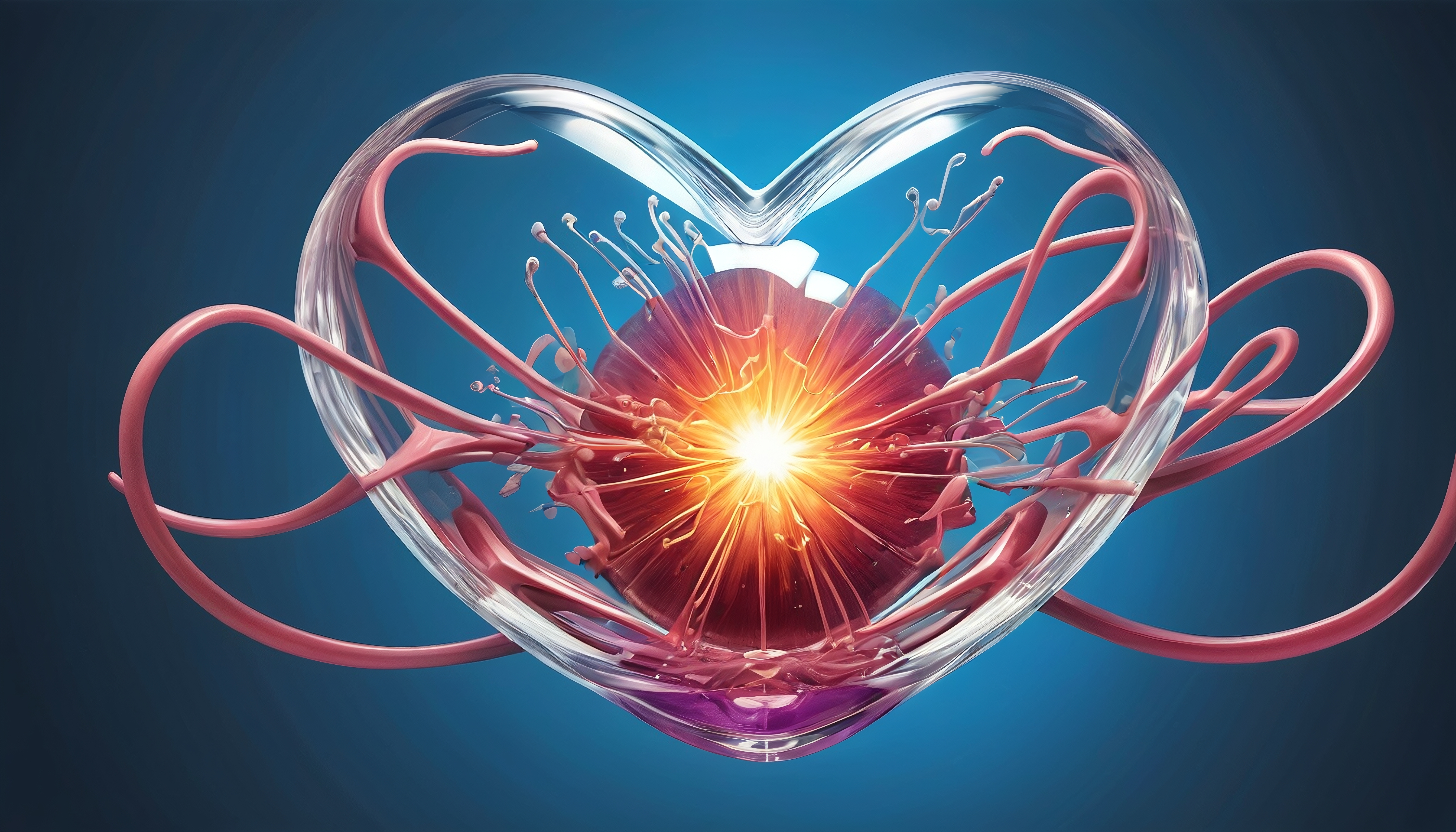 Artistic heart with radiant energy and light explosion.