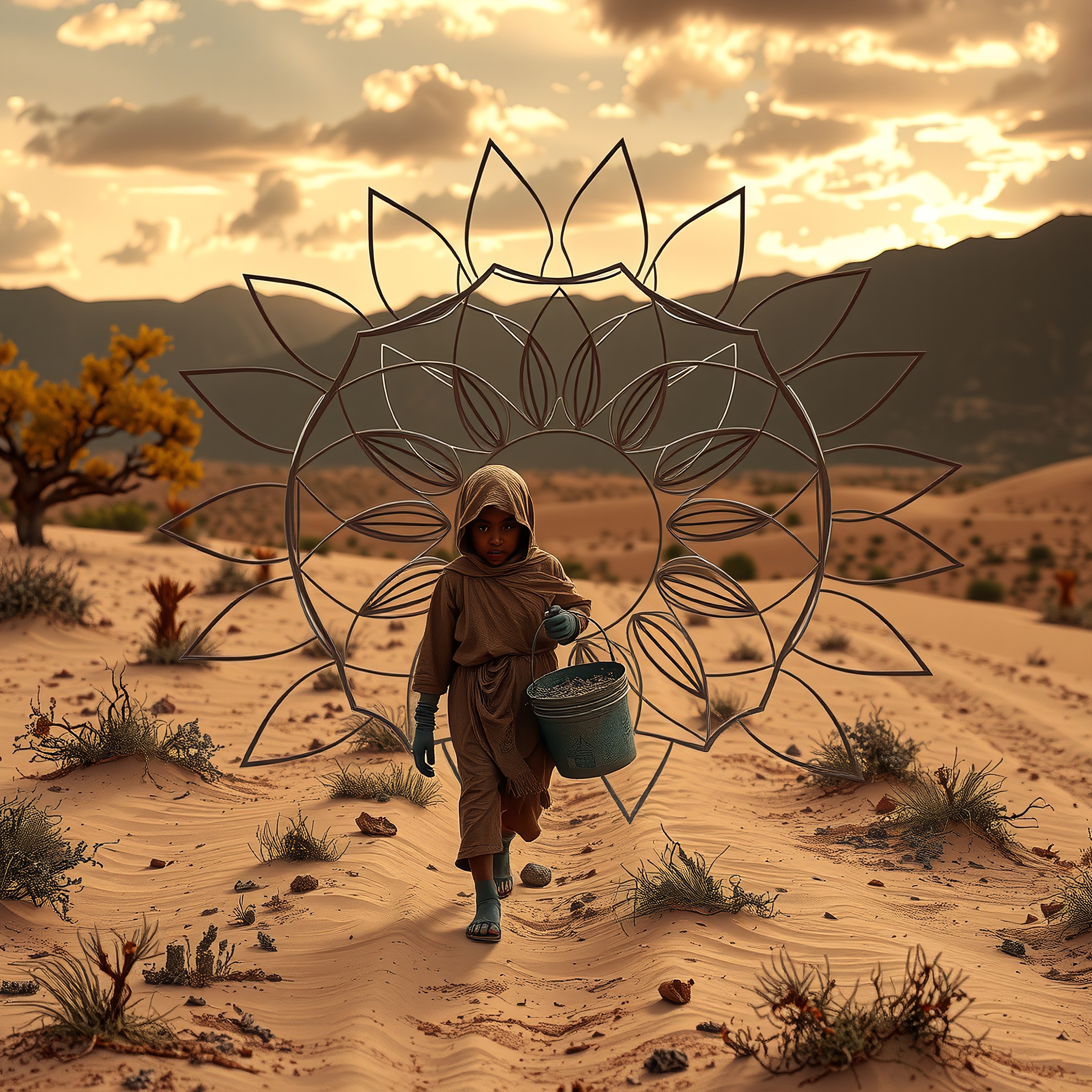 A young child carries a bucket across a desert, against a backdrop of mountains and an abstract lotus structure.
