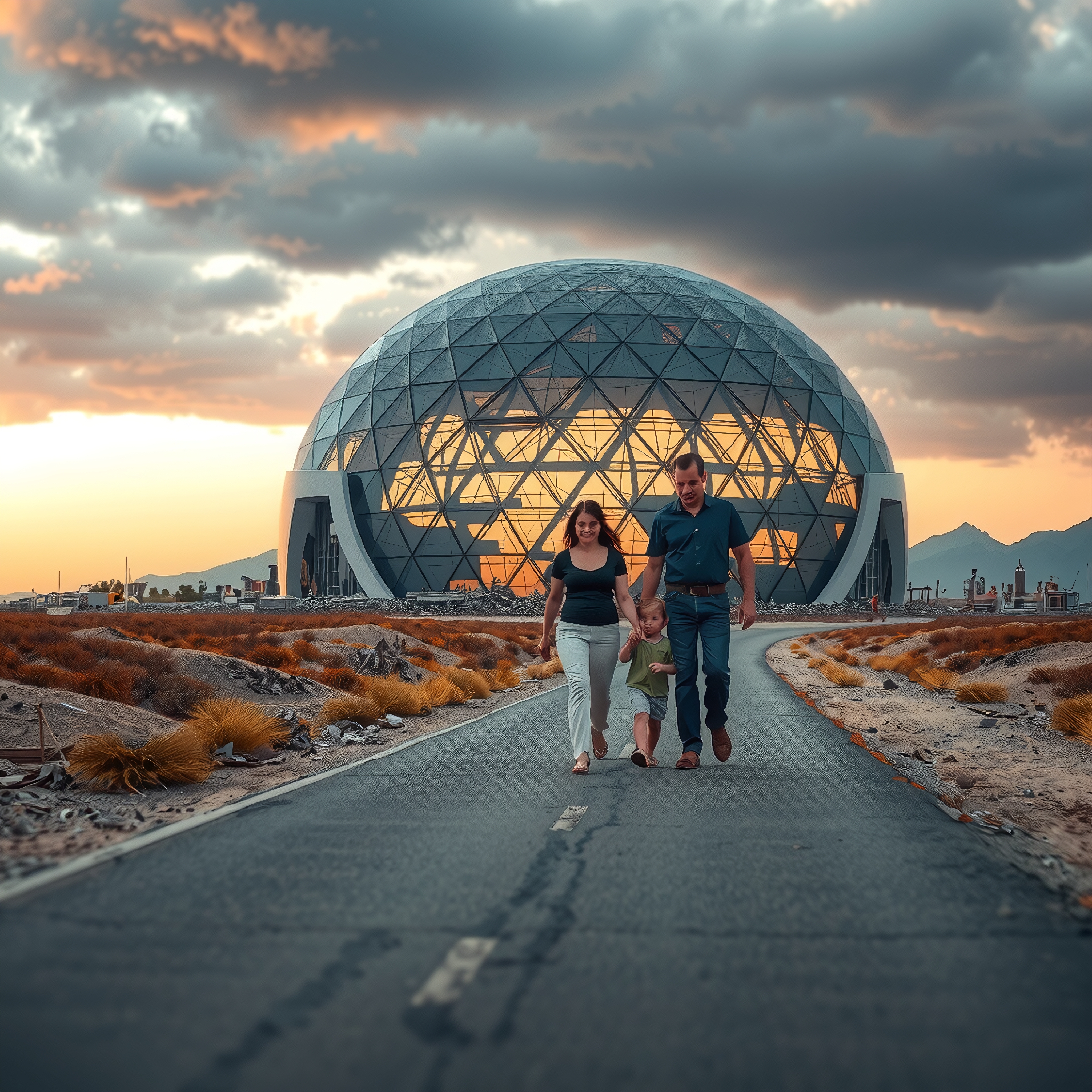 Family walking from geodesic dome at sunset.