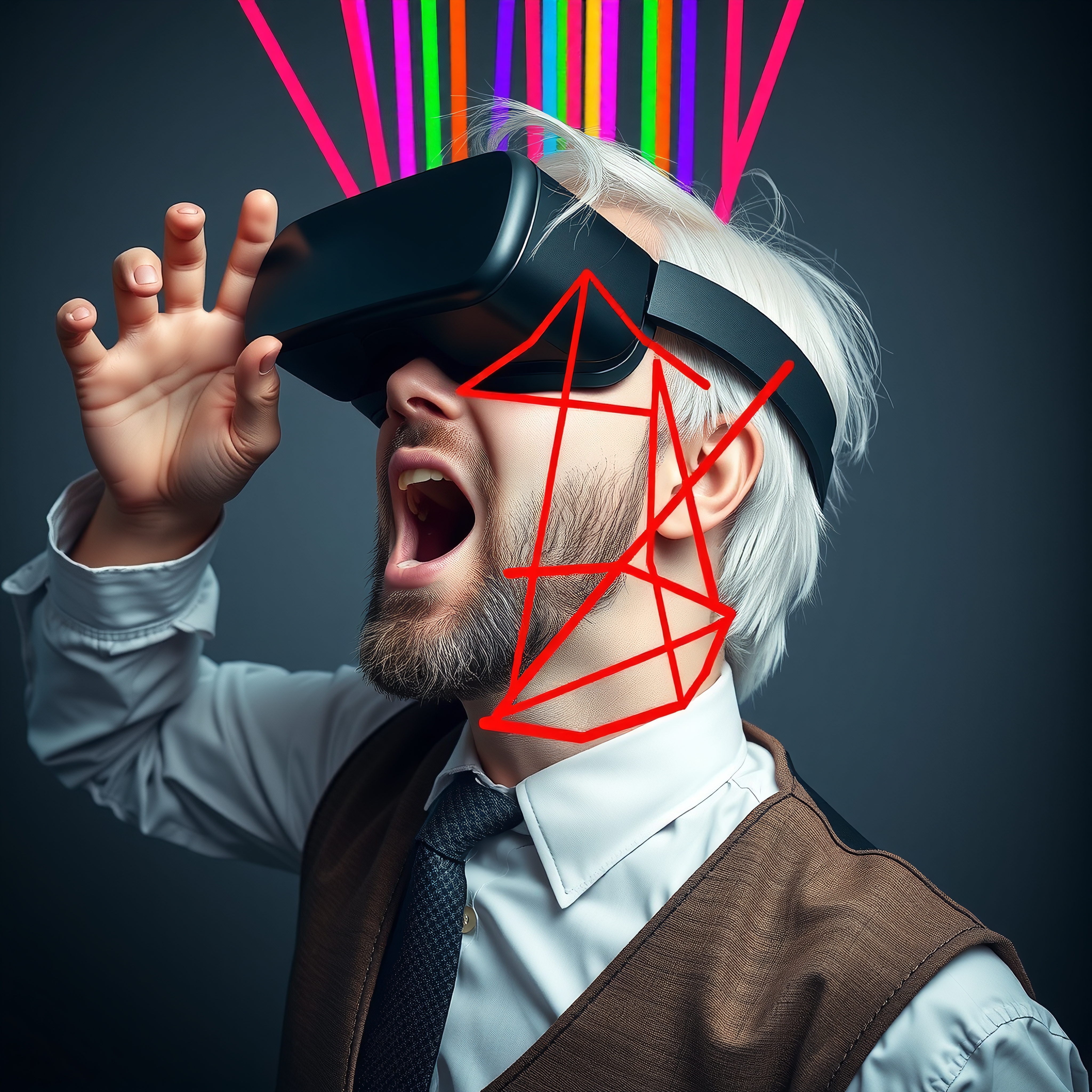 A man wearing a VR headset with colorful beams emerging and red geometric lines on his face reflects a futuristic virtual reality experience.