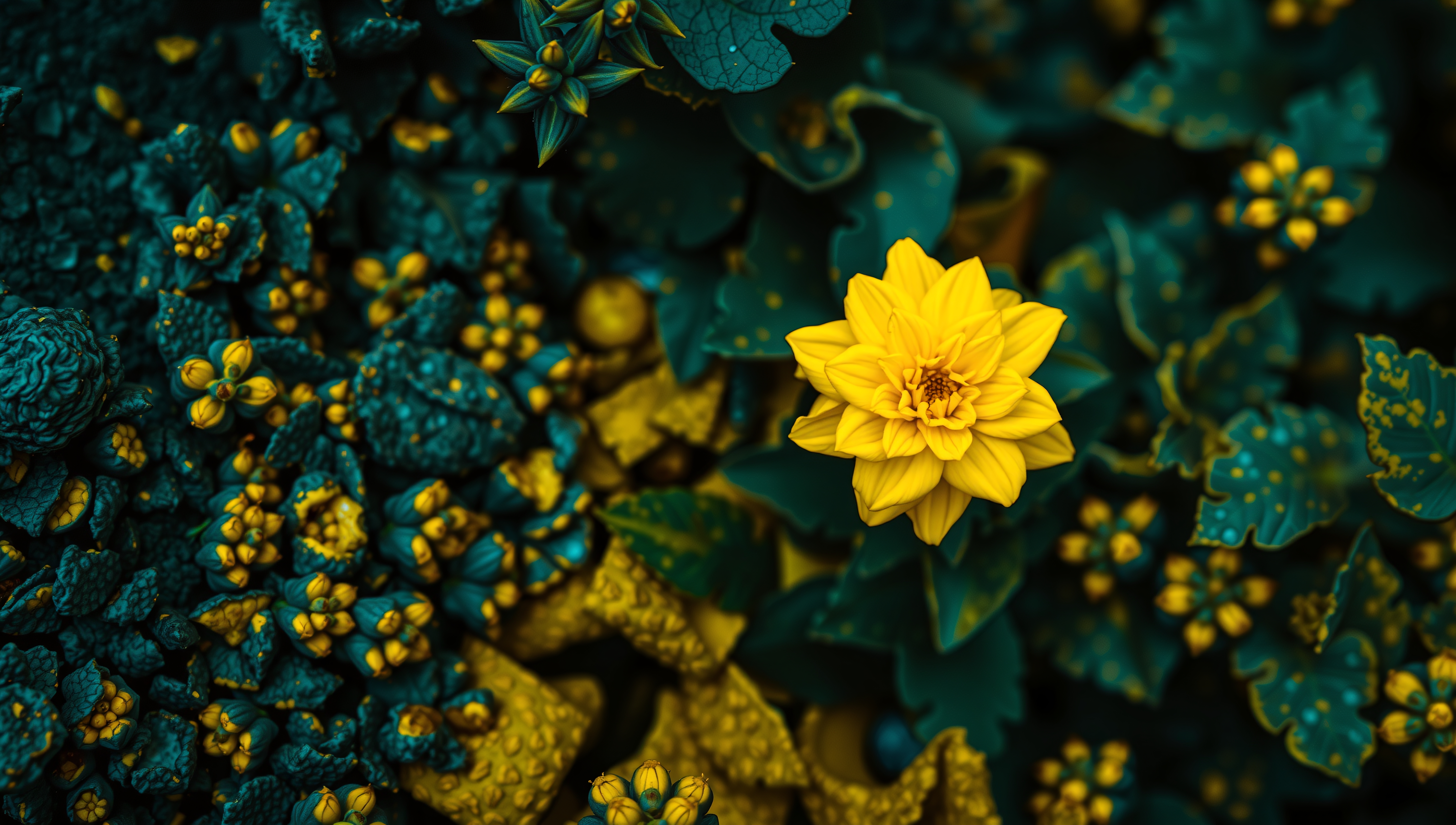 Bright yellow flower surrounded by teal foliage.