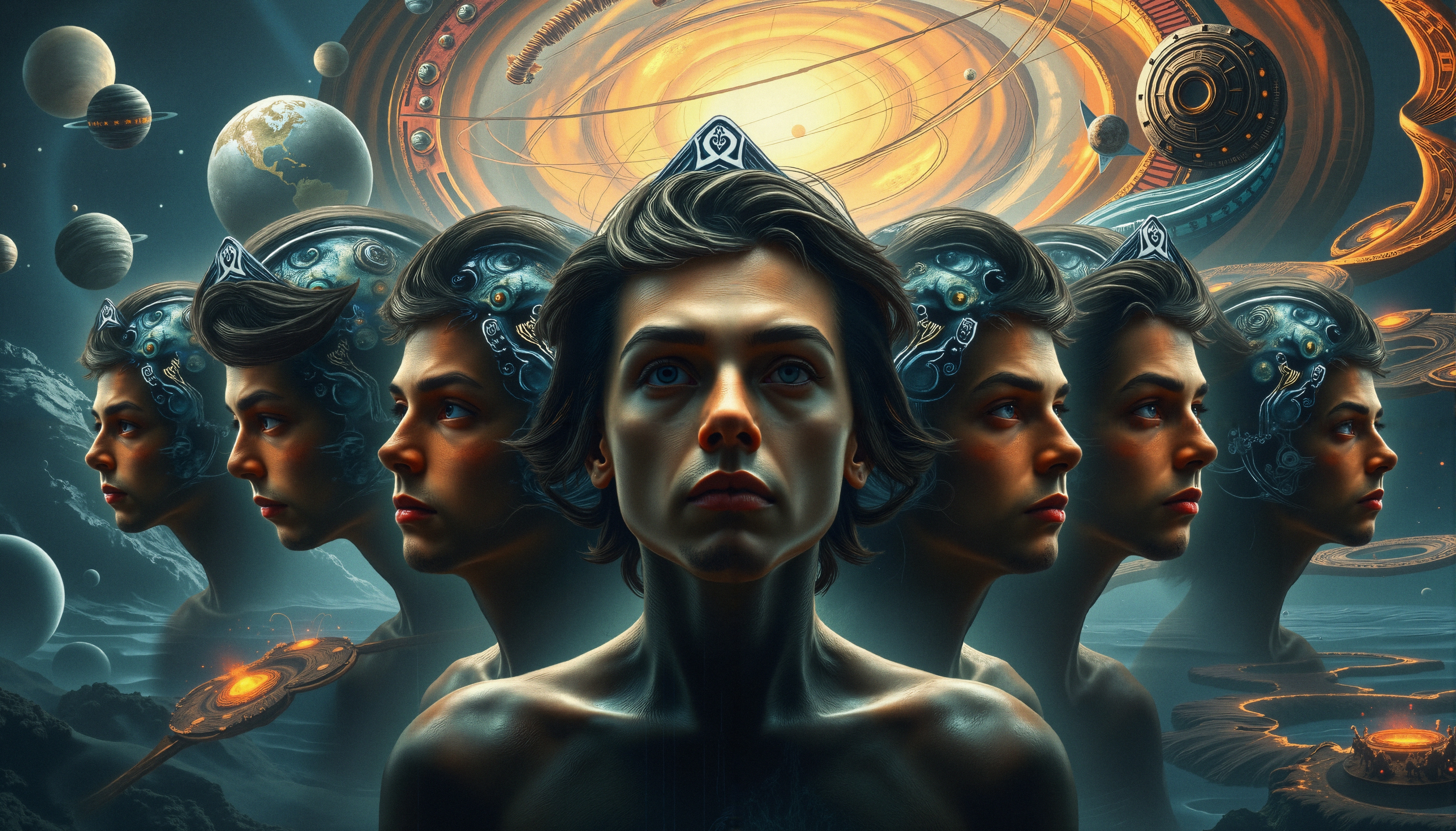 Futuristic digital artwork depicting multiple identical figures with elaborate headgear against a cosmic background of planets and galaxies.