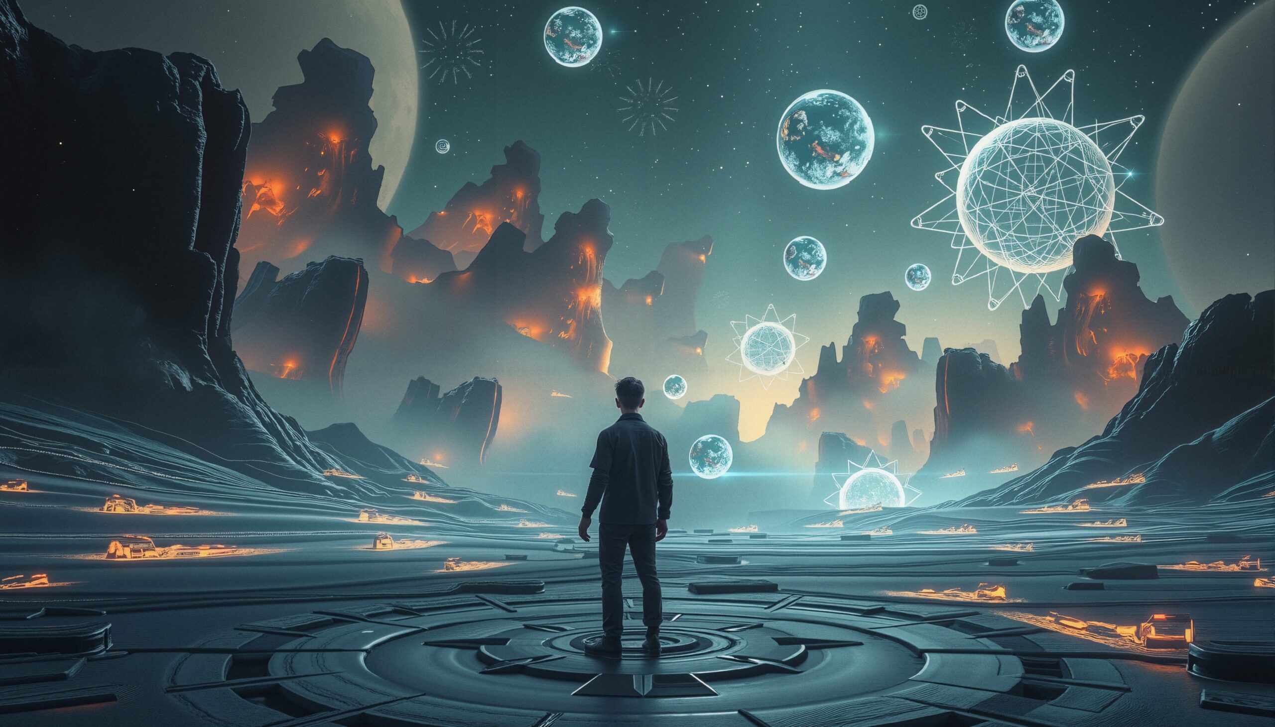 A lone silhouette of a person standing in a futuristic, glowing