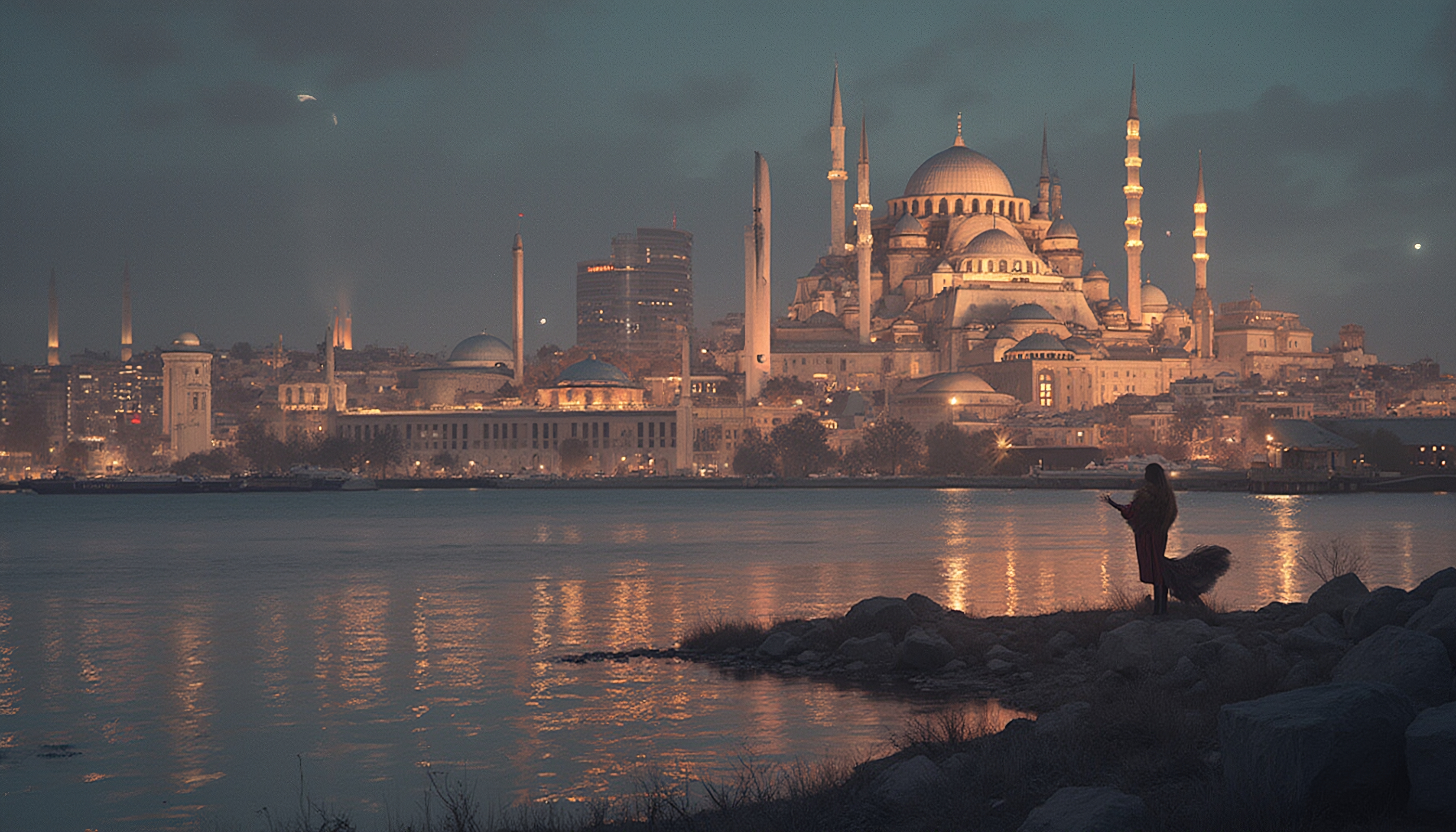 A peaceful cityscape at dusk featuring a majestic mosque with illuminated reflections on water.