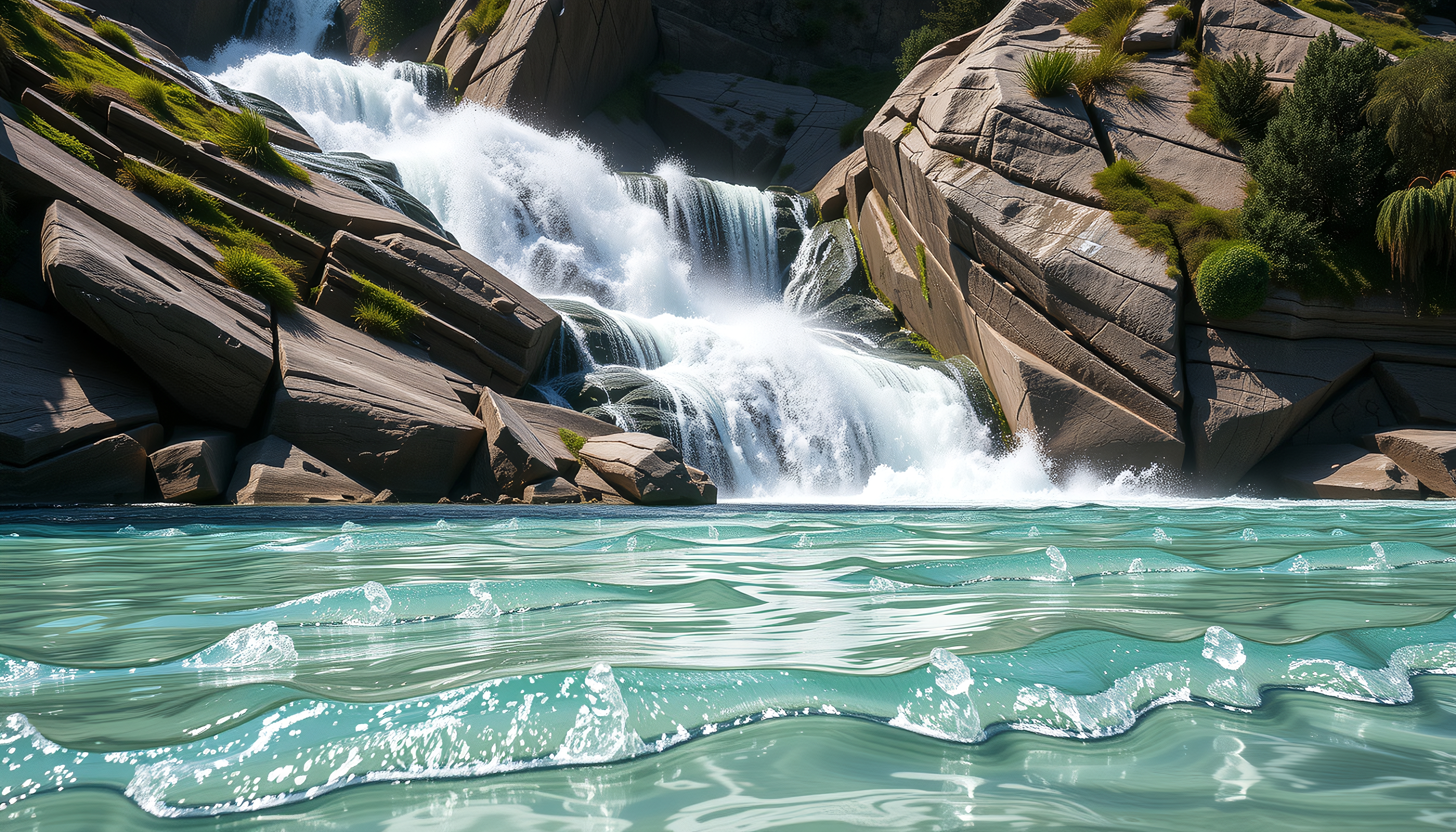 Majestic waterfall cascading over rocks into a clear blue pool surrounded by greenery.