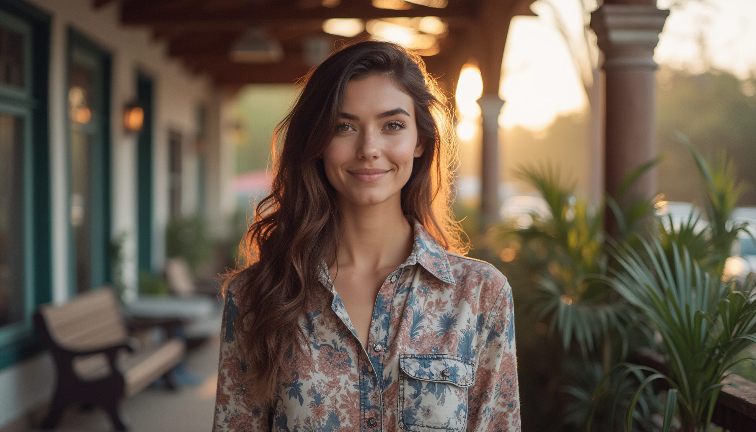 Young Woman Portrait Outdoors at Sunset by Tropical Architecture
