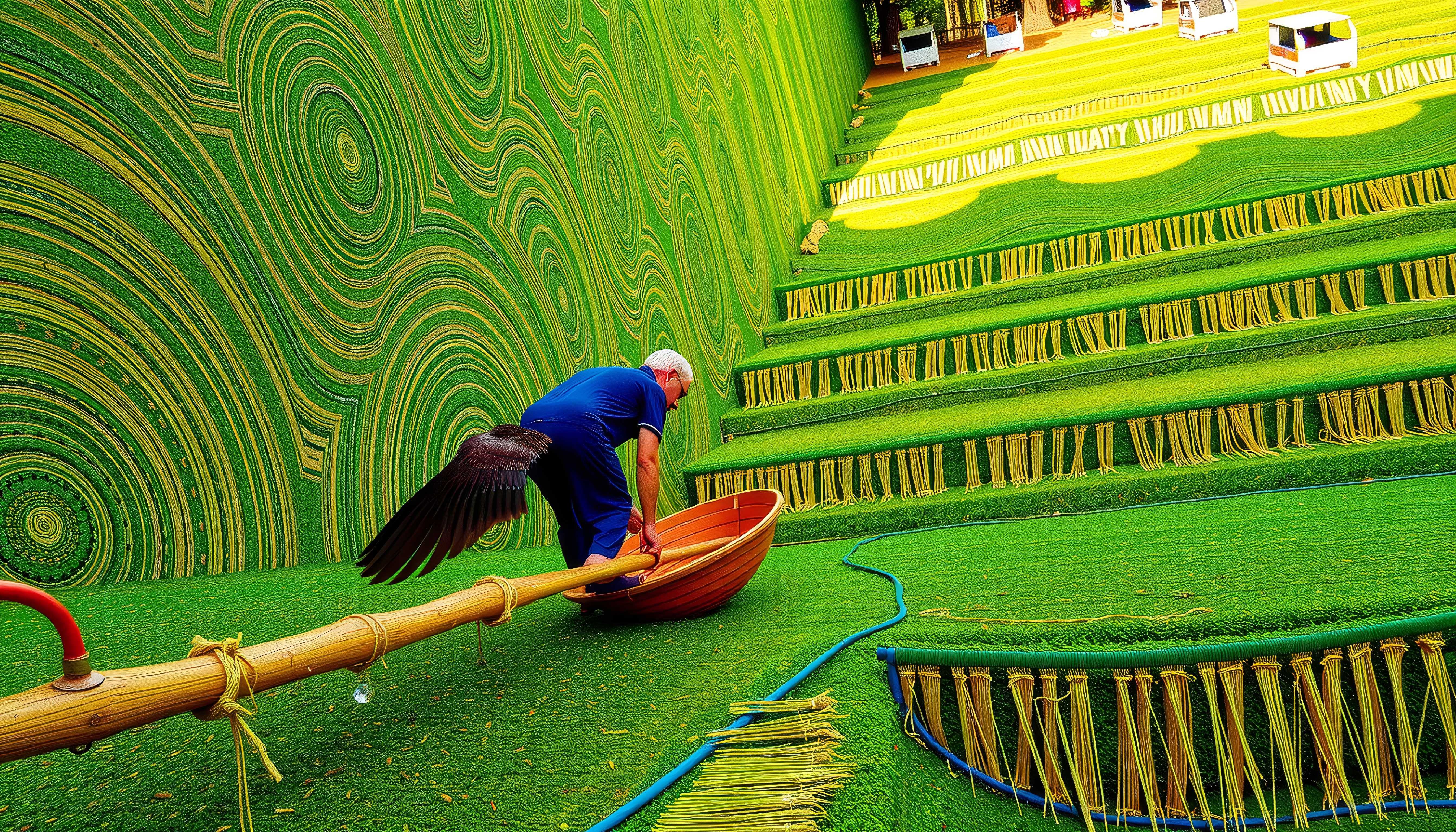 Man in surreal grassy landscape with swirling patterns.