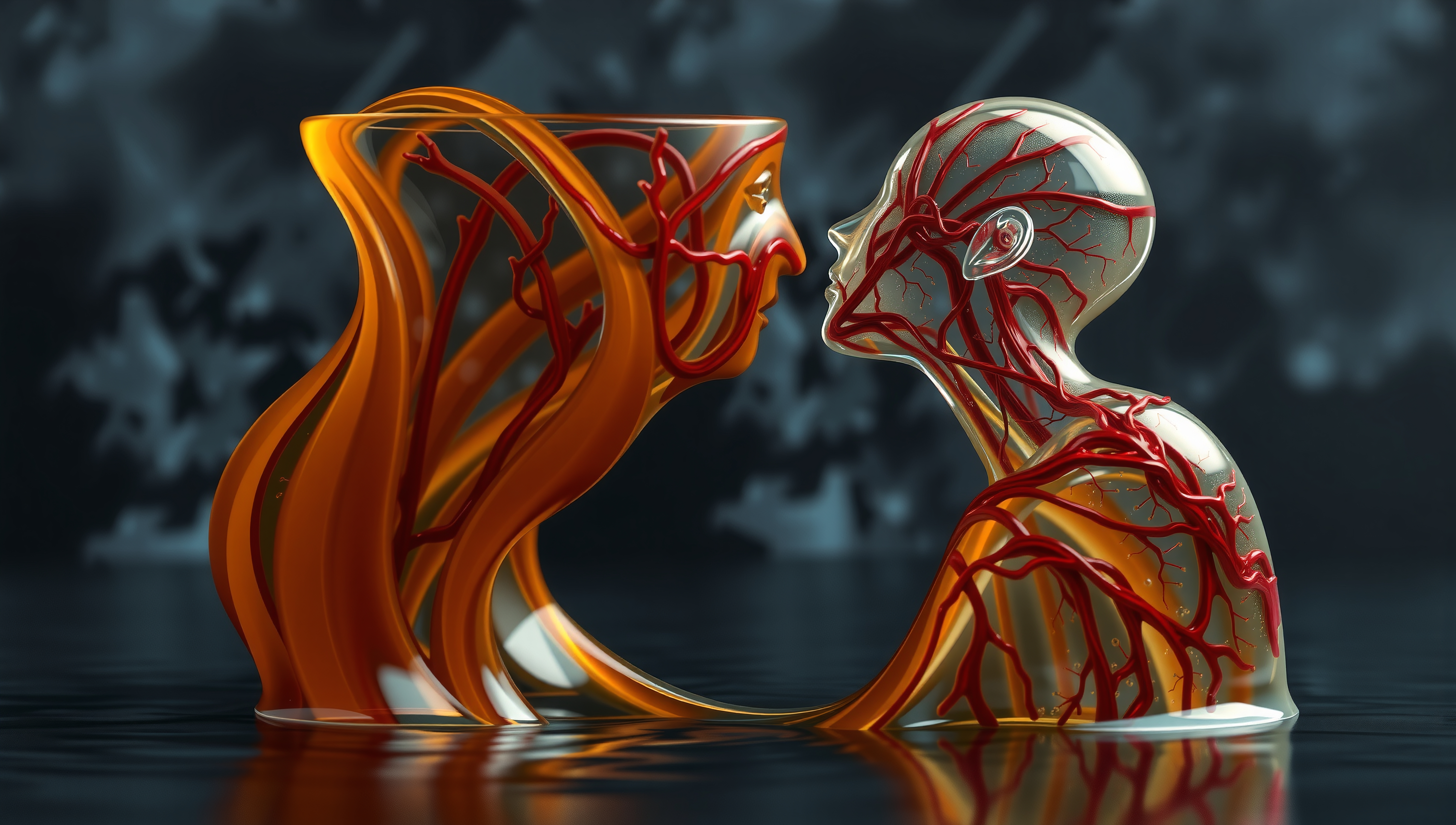 Abstract art of two translucent human figures with red veins in a surreal setting, symbolizing connection and fluidity.