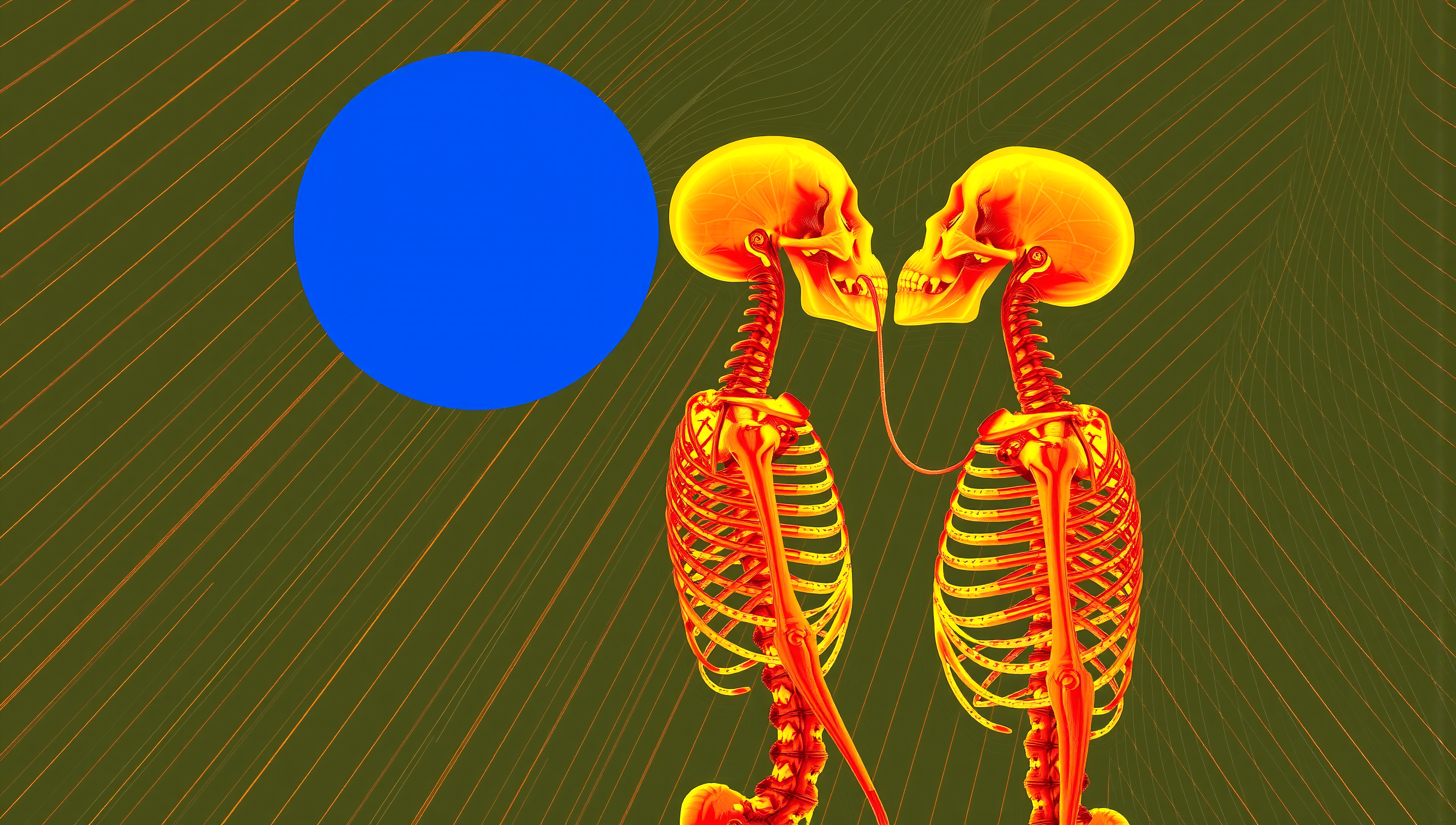 Surreal glowing skeletons facing each other with connecting wire and bold blue orb on striped background