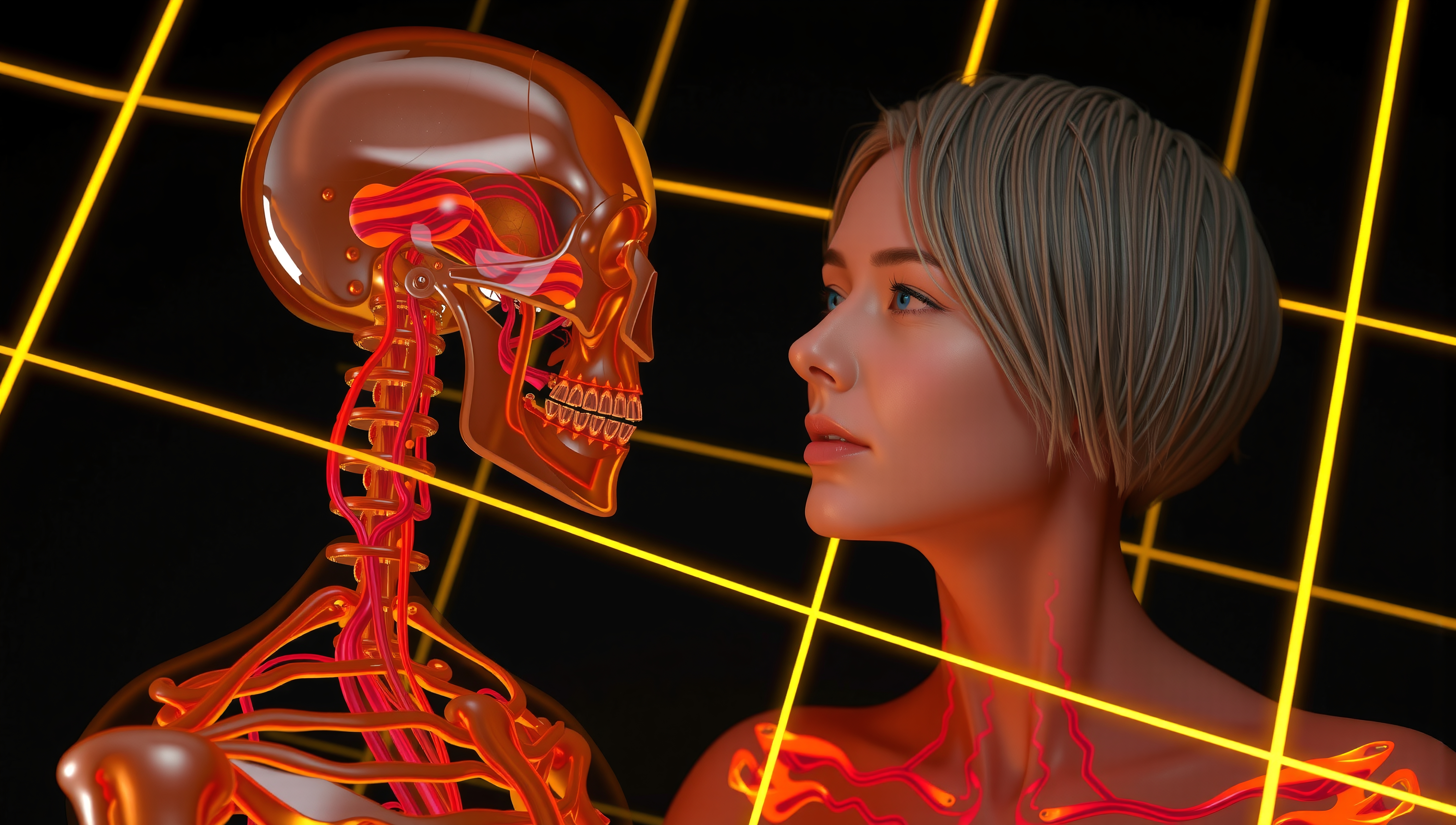 Digital artwork of a woman examining a glowing anatomical skull illustration.