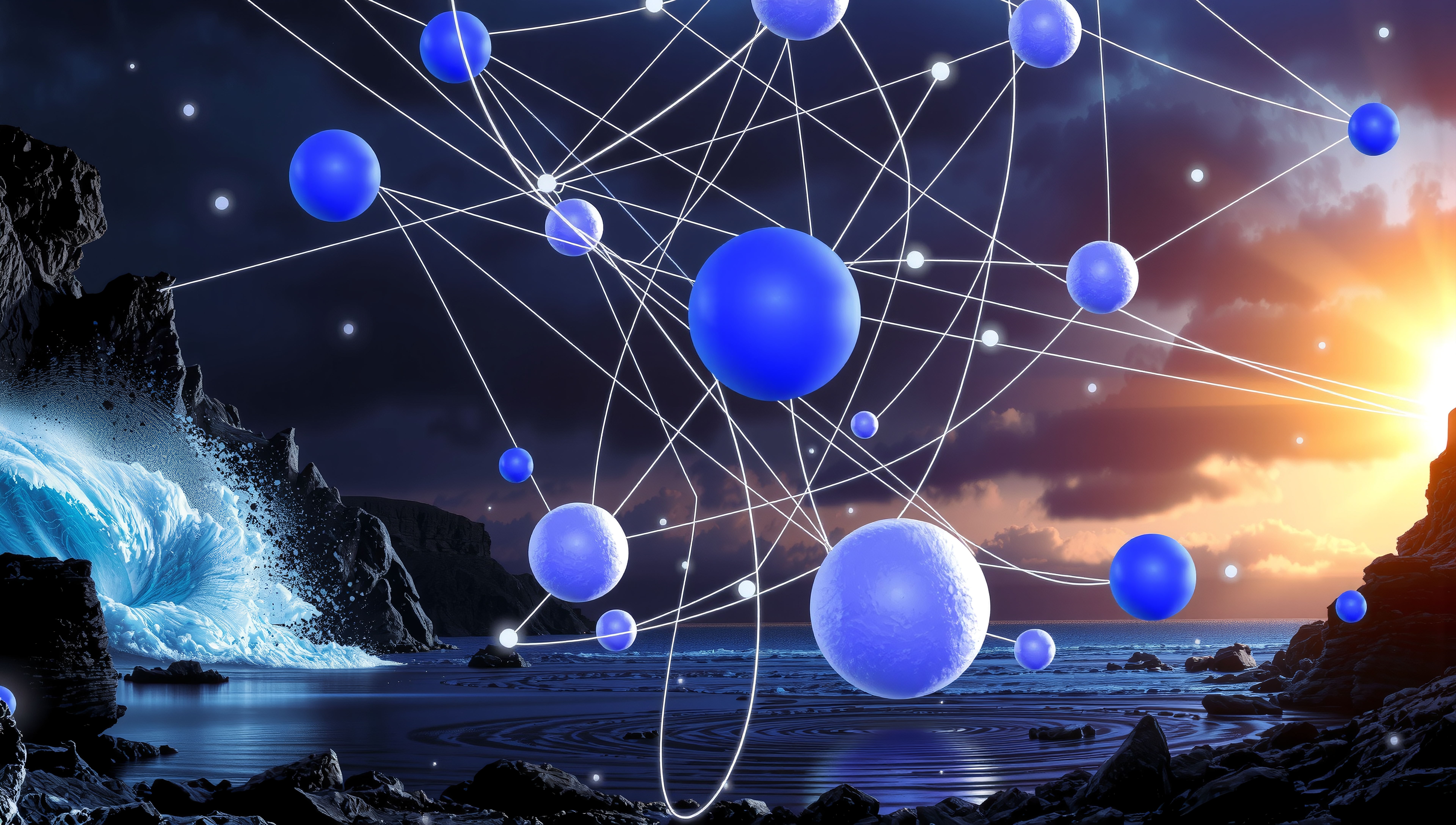 Mystical Sunset With Floating Spheres