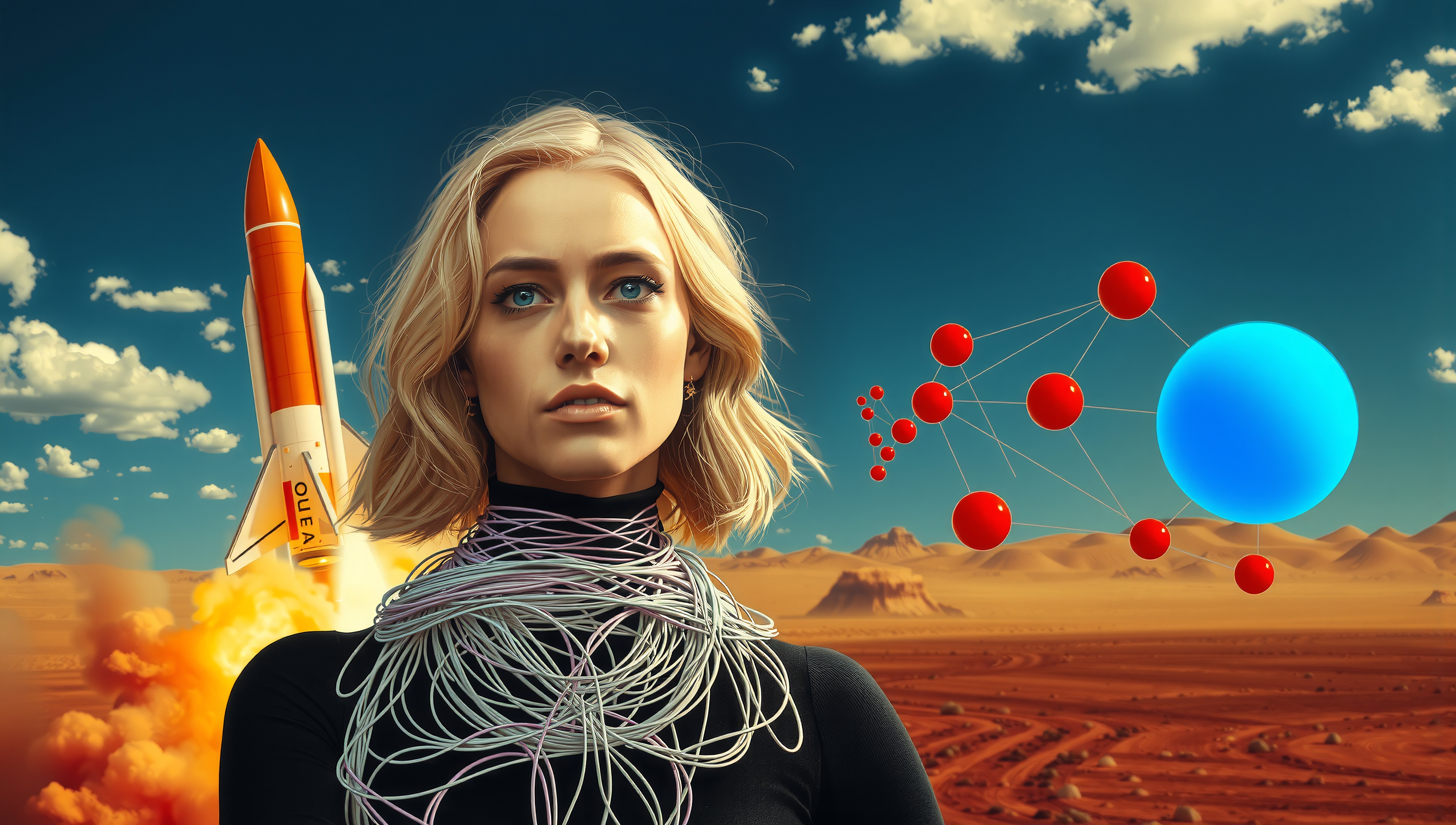 A futuristic woman stands with a rocket launch and abstract spheres in a desert landscape.
