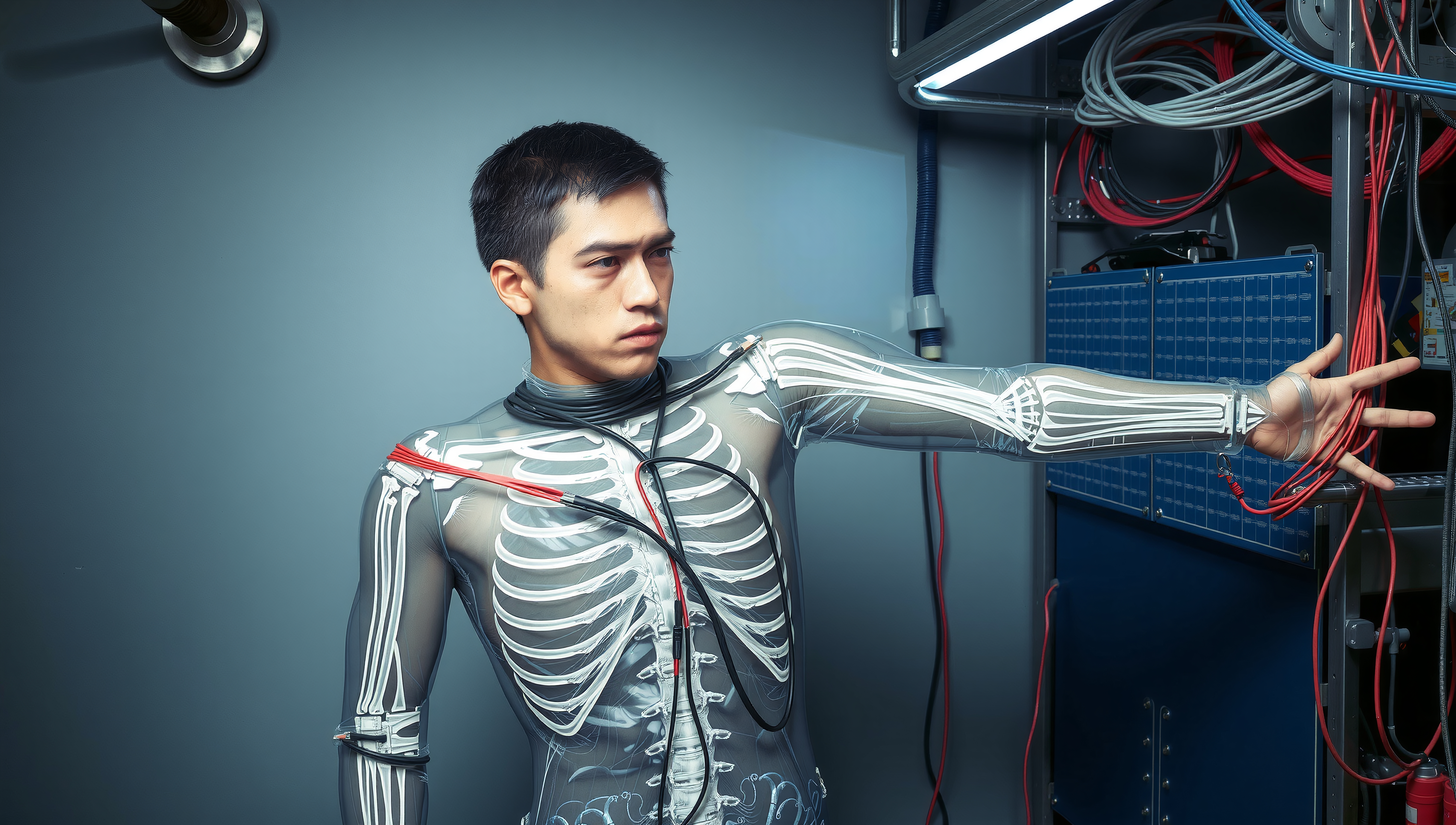Young man undergoing advanced biomedical scanning in high-tech lab environment