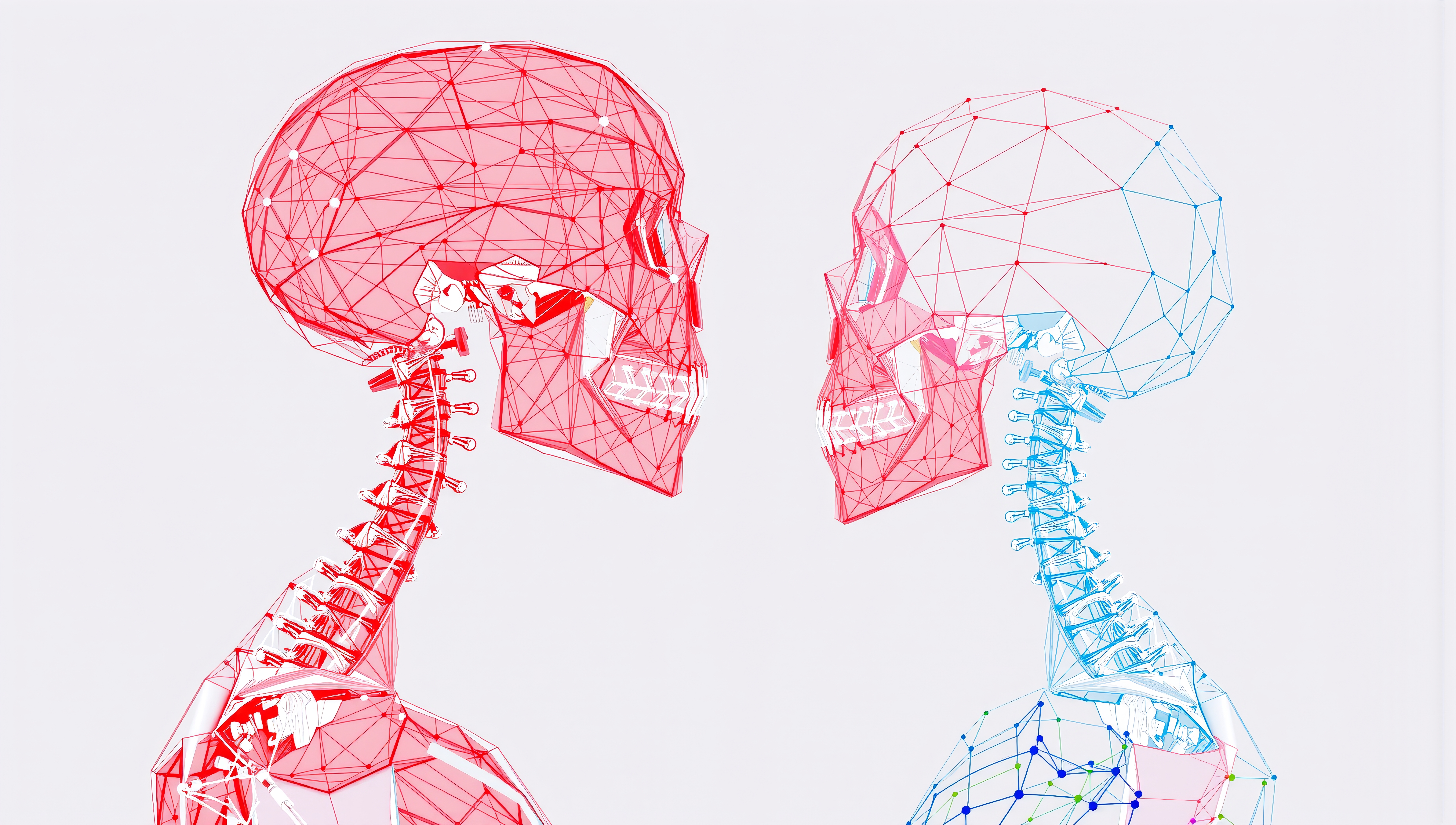 Wireframe Human Skulls in Red and Blue Digital Mesh Style