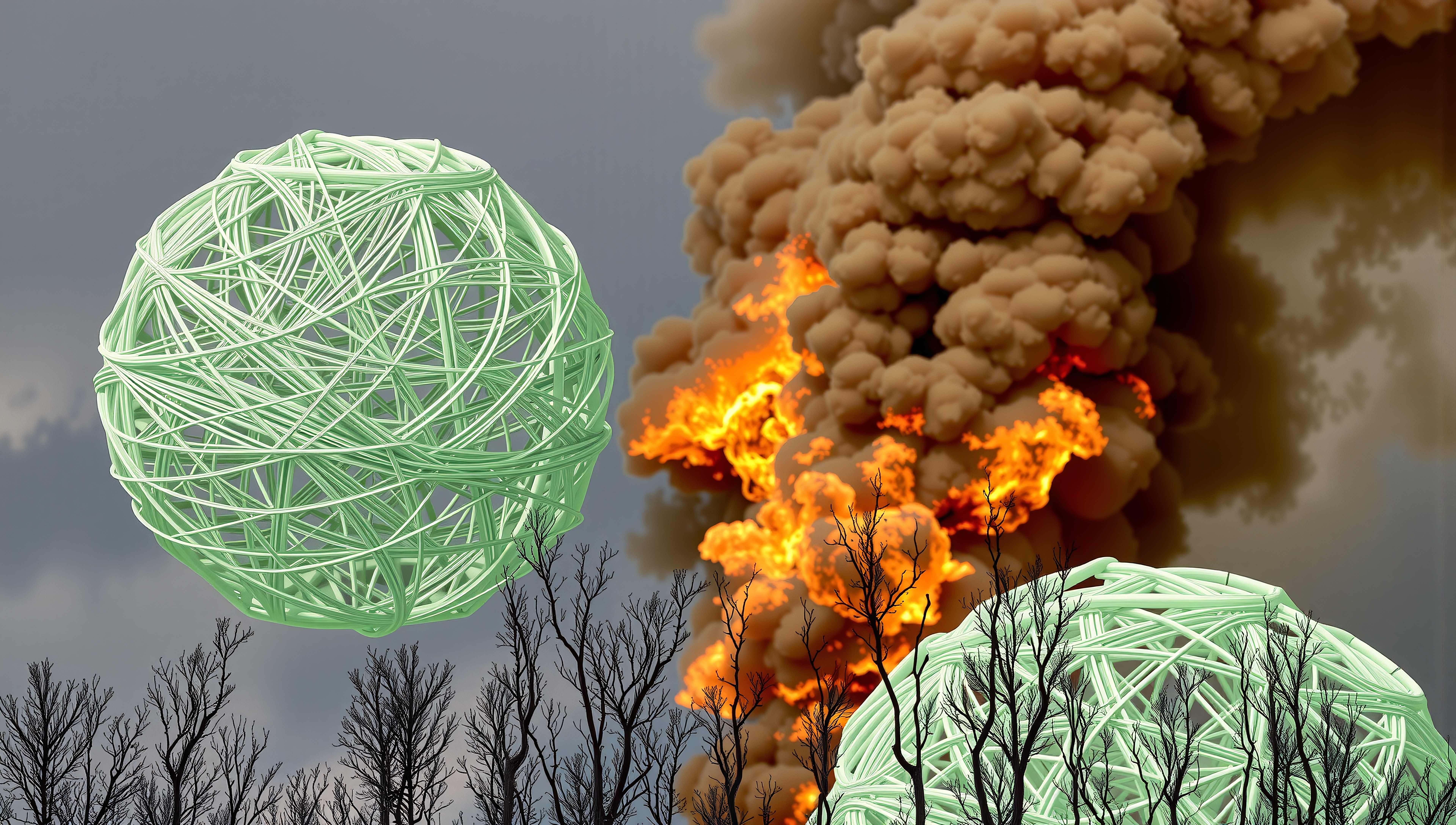 Surreal scene with green spheres, fiery explosion, barren trees in contrast.