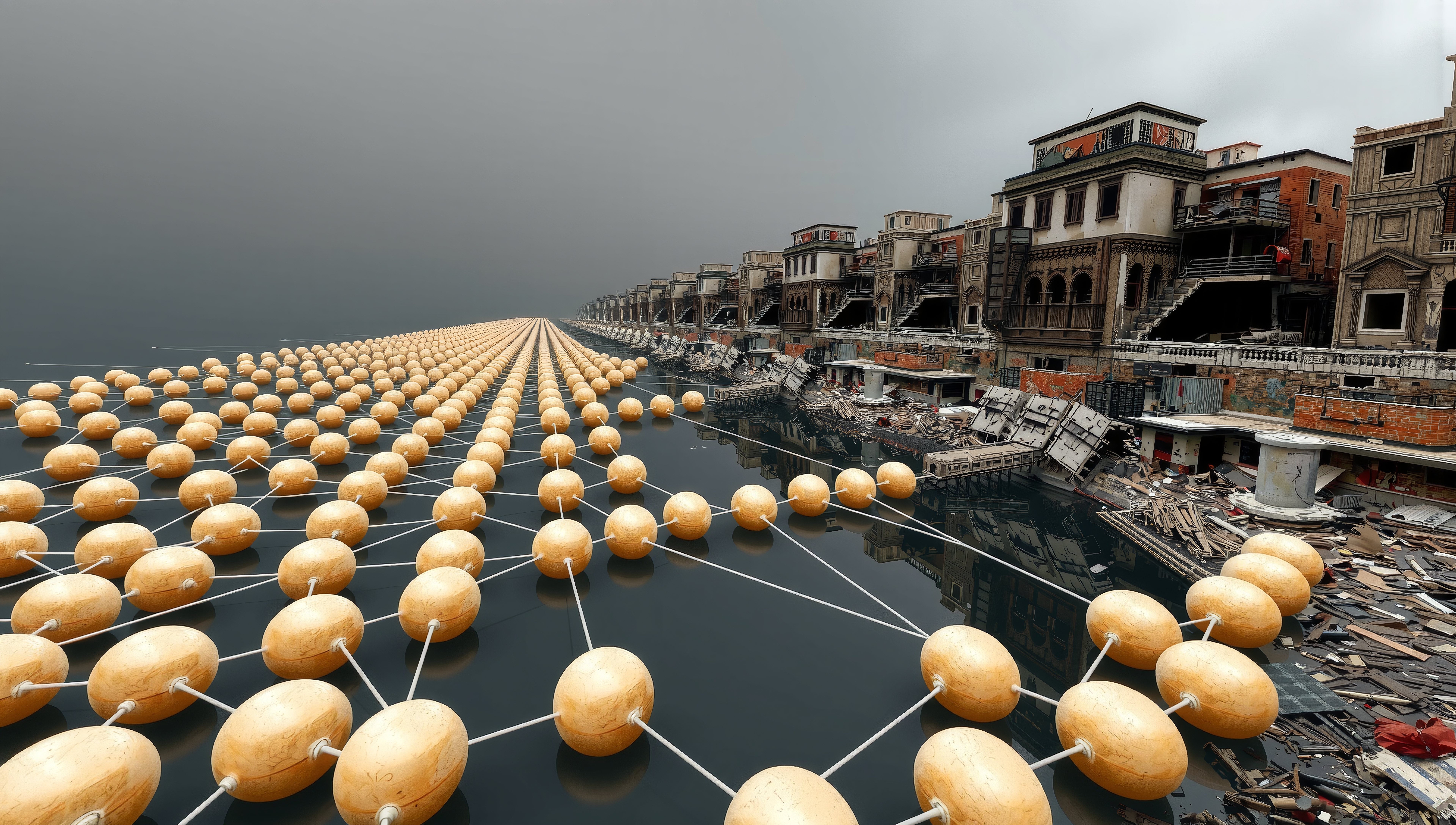 Yellow buoys create geometric patterns on water amidst decaying urban landscape.