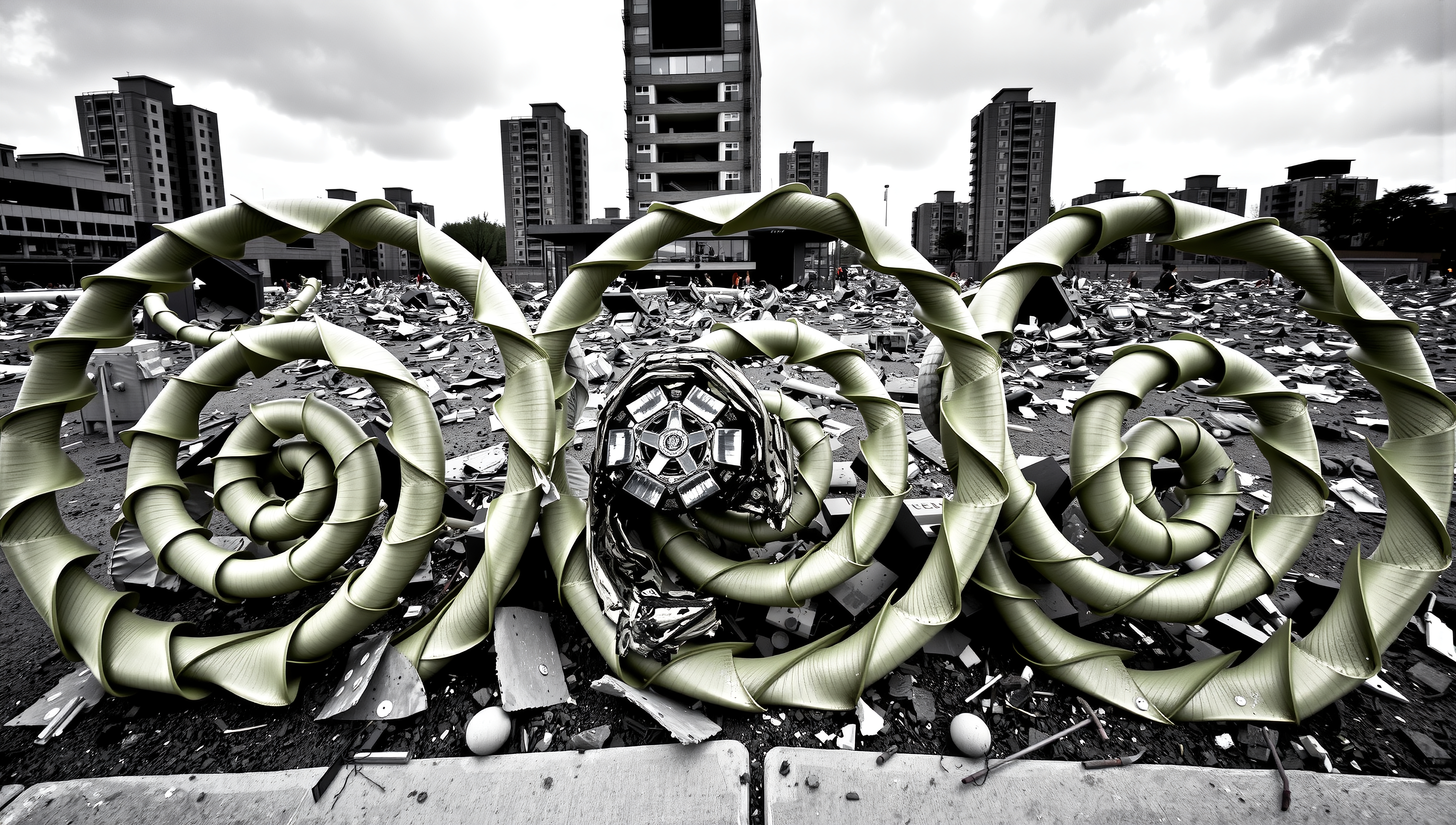 A surreal urban landscape with large spiral structures amidst debris and tall buildings.