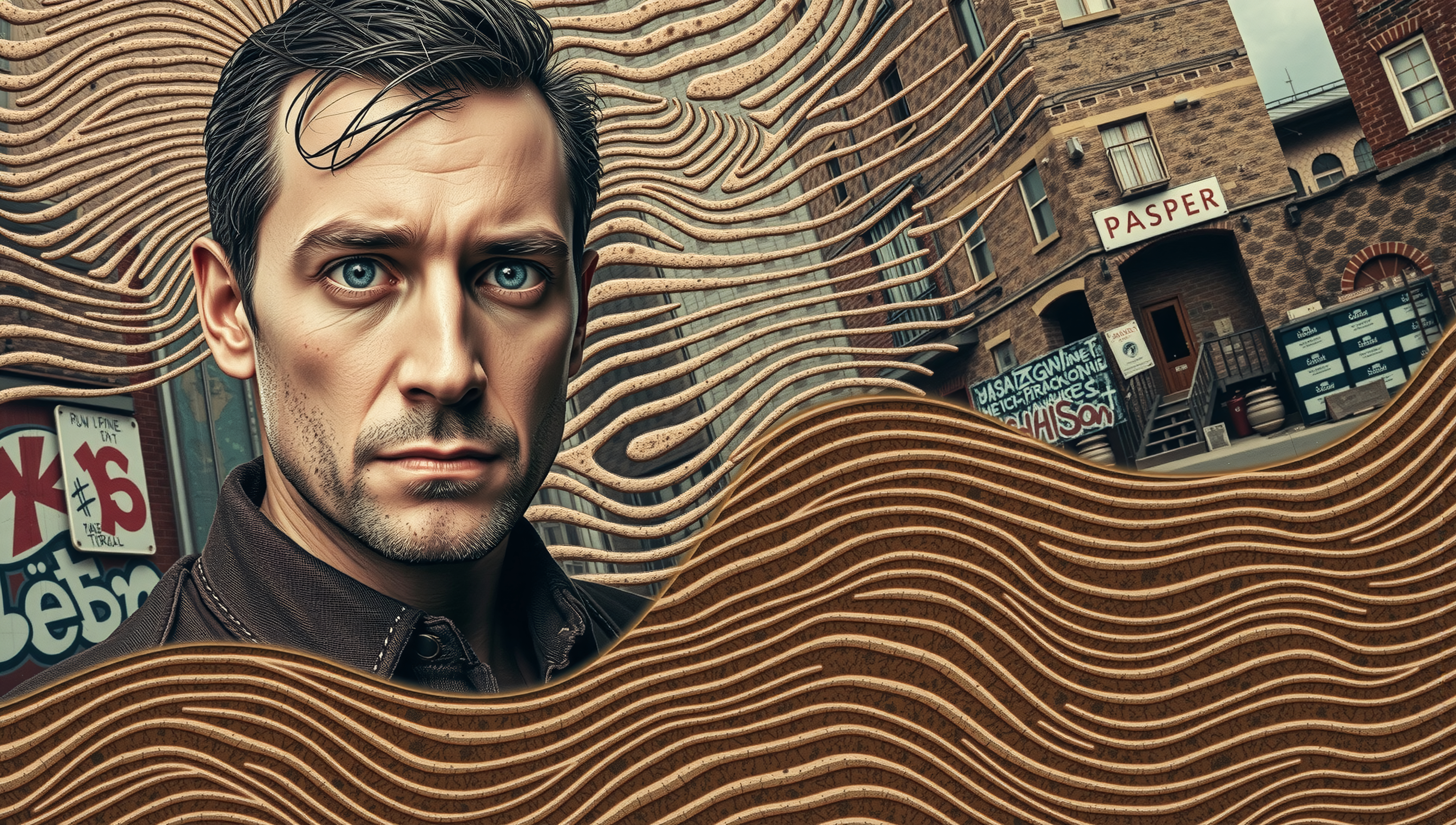 Portrait of man with blue eyes in urban setting with wavy lines and brick building signage