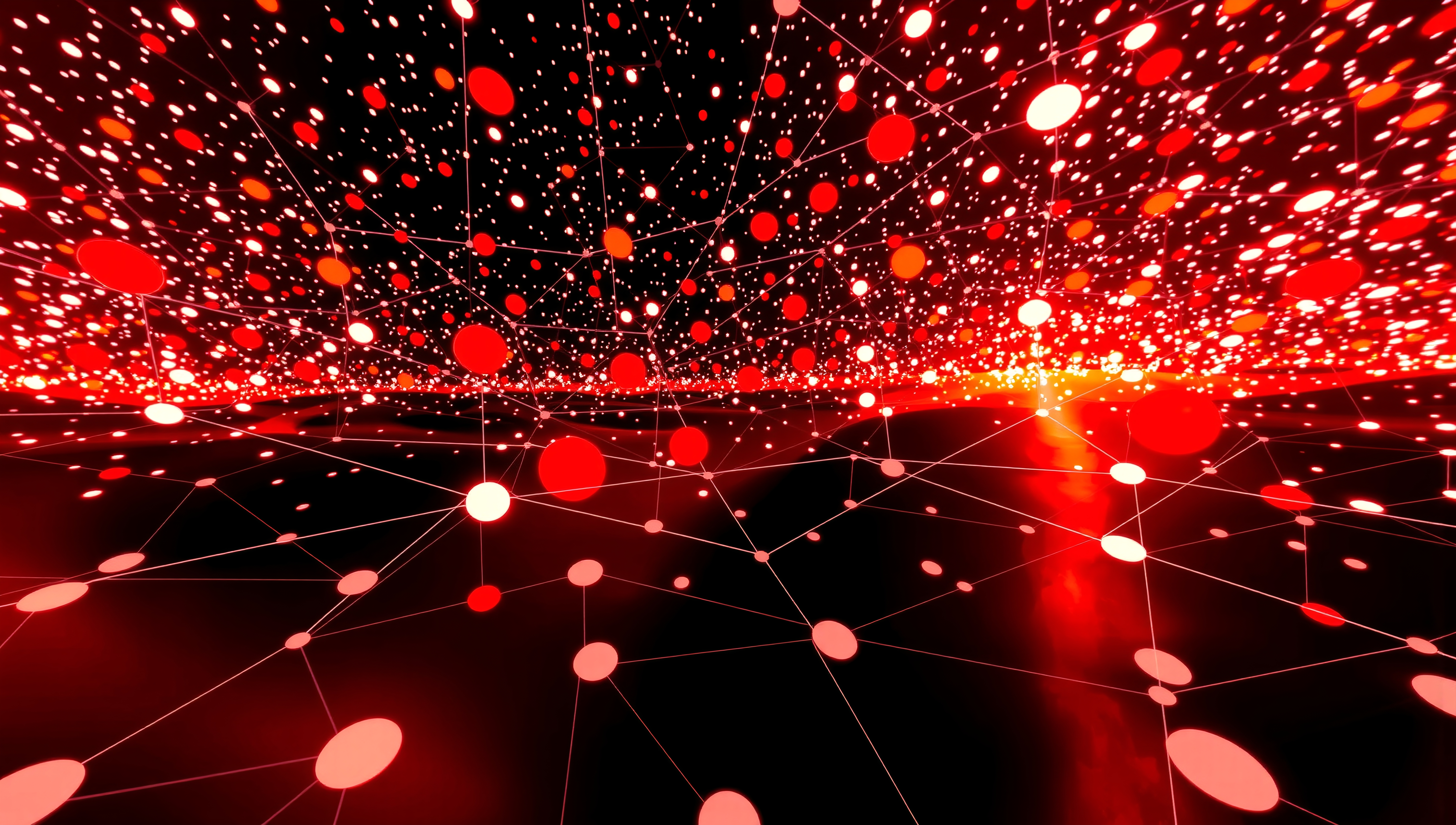 Vibrant digital network with glowing red nodes.