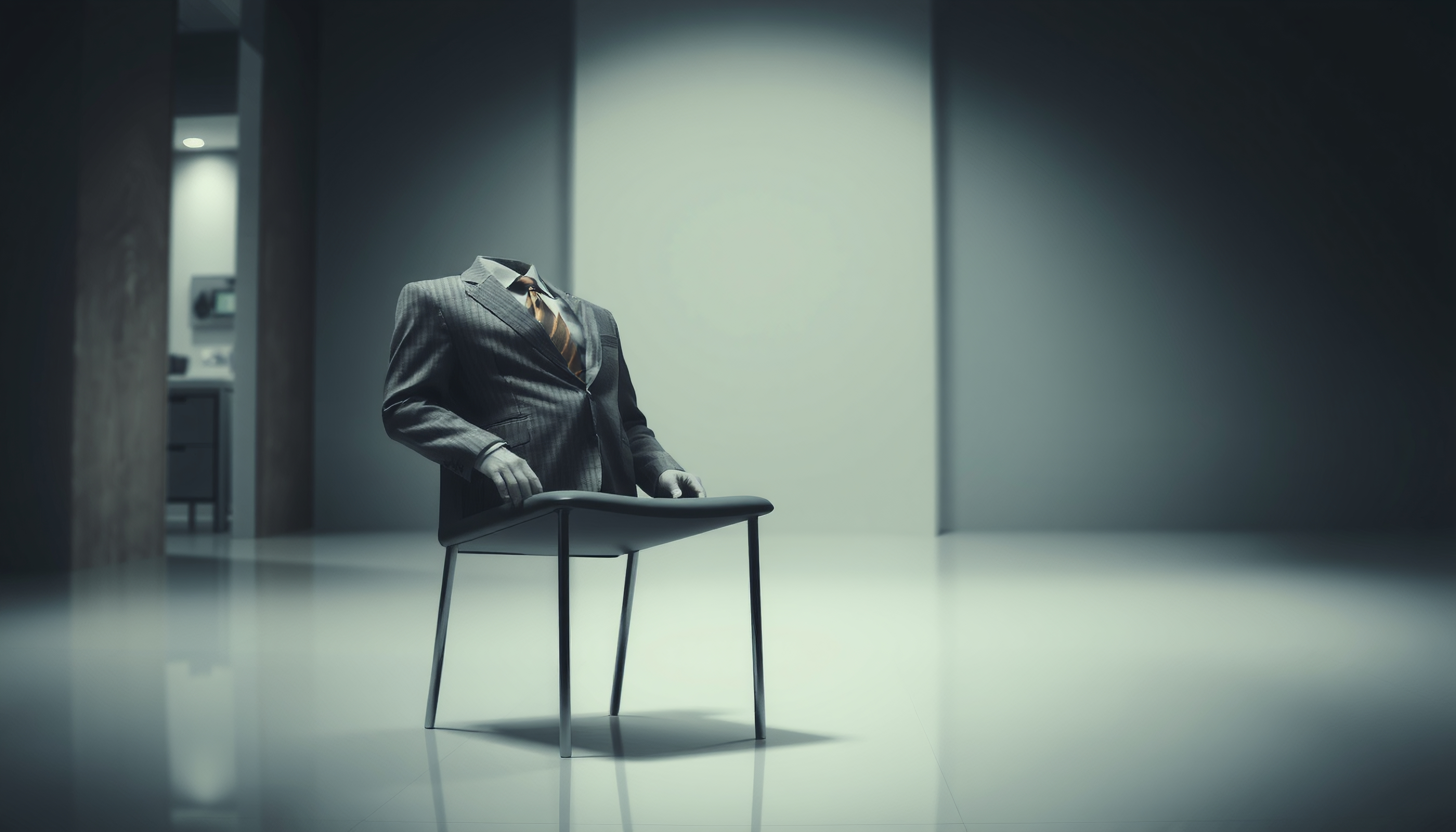 A headless business suit sits in an office setting, creating a surreal and intriguing visual.