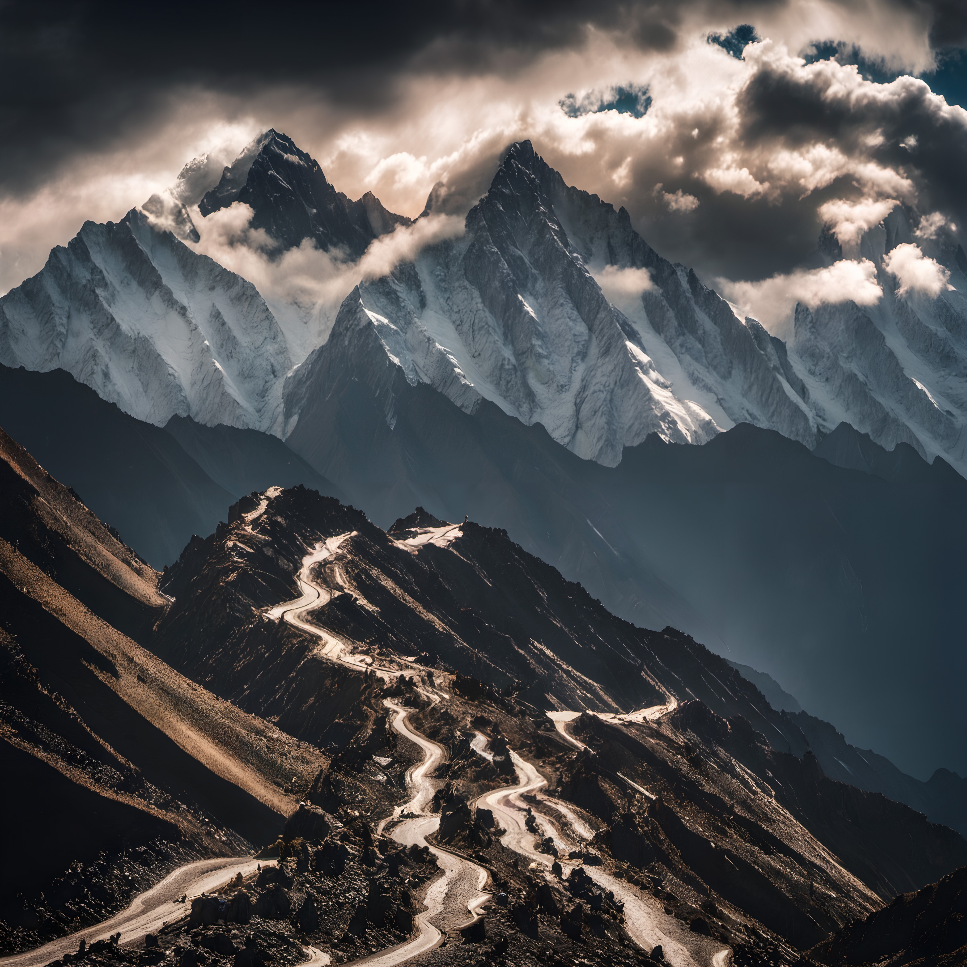 A winding road climbs a rugged landscape to majestic, snow-capped mountains under a dramatic cloudy sky.