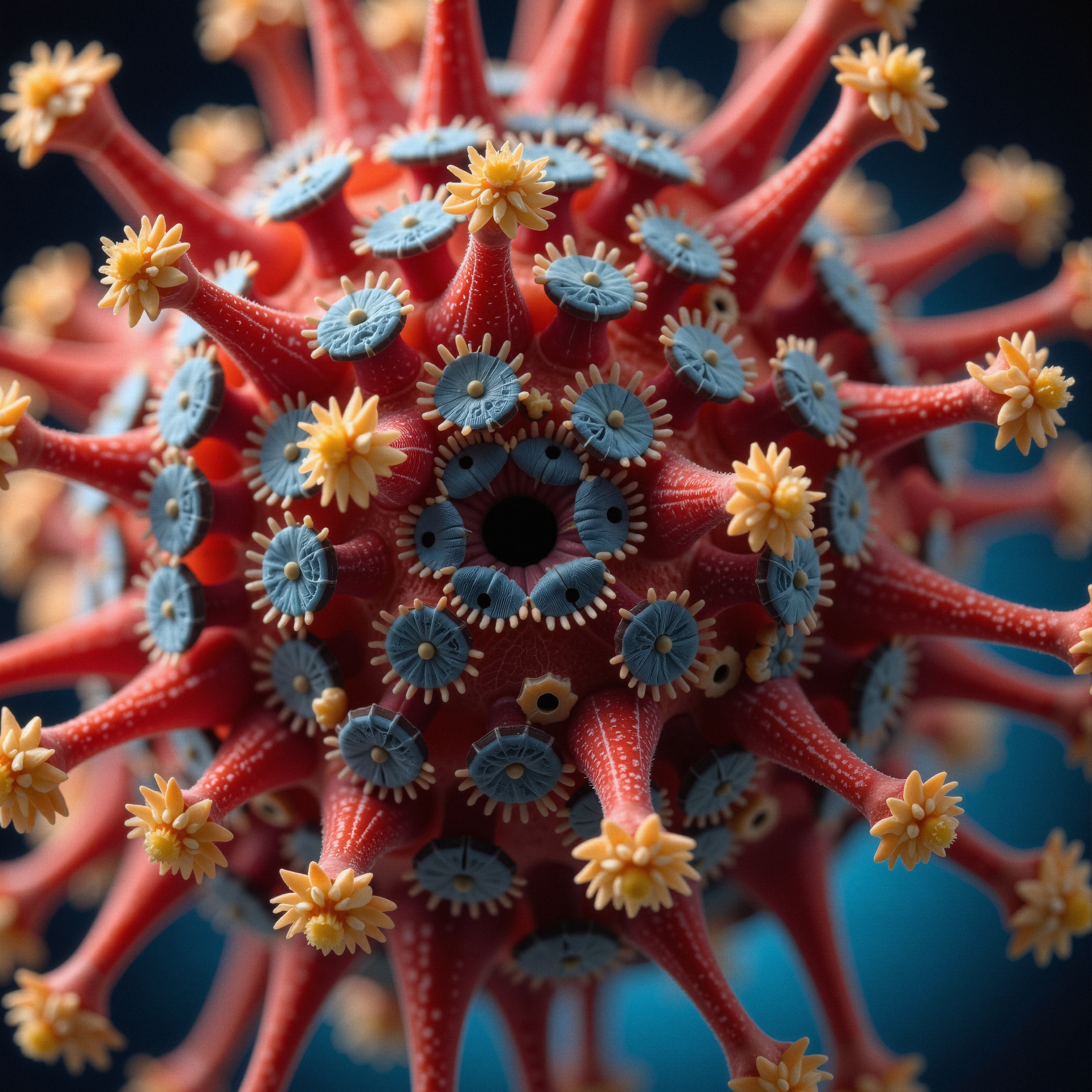 A colorful virus structure with protruding spikes against a dark background.