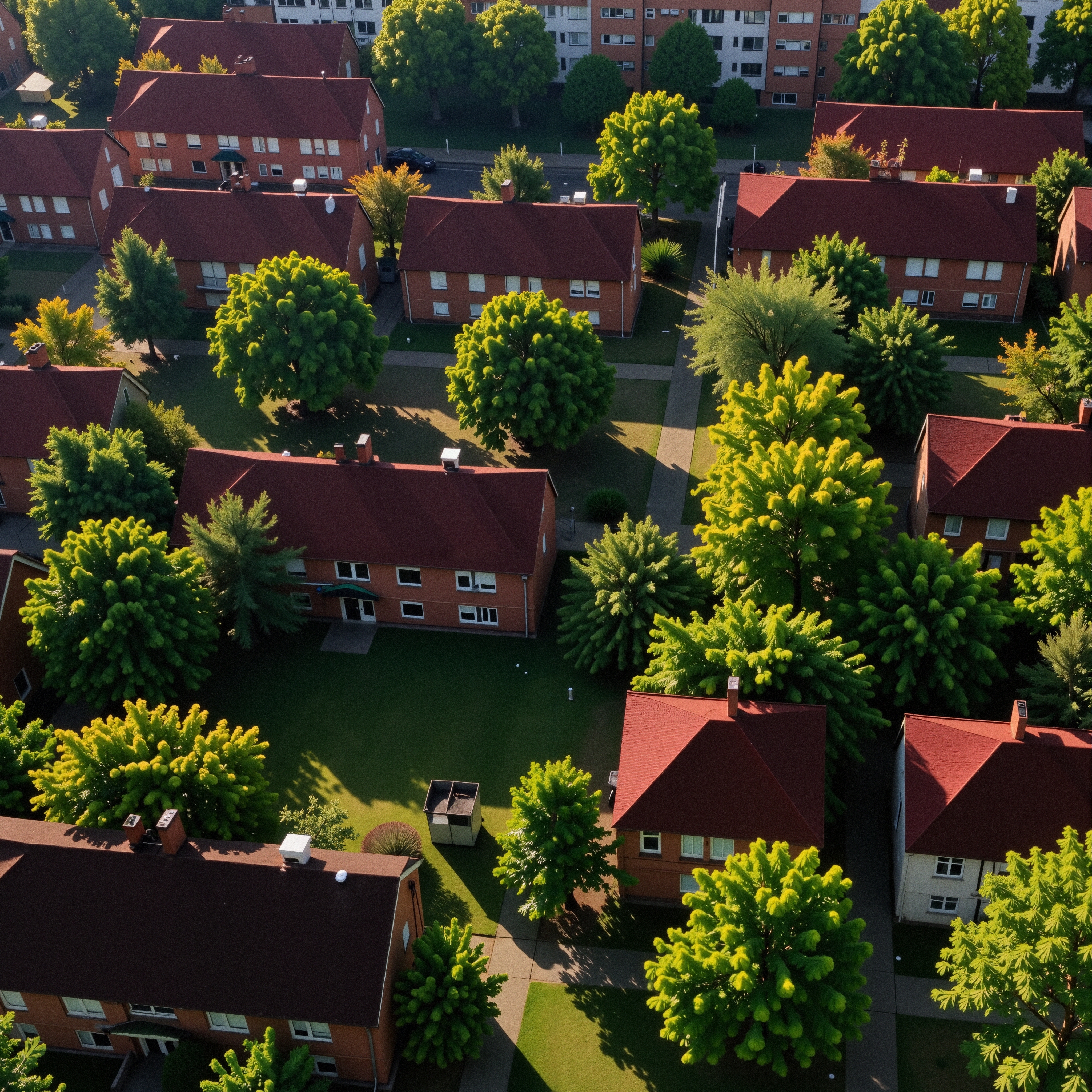 Aerial view of suburban neighborhood with red roofs and lush green trees, captured in warm morning light.