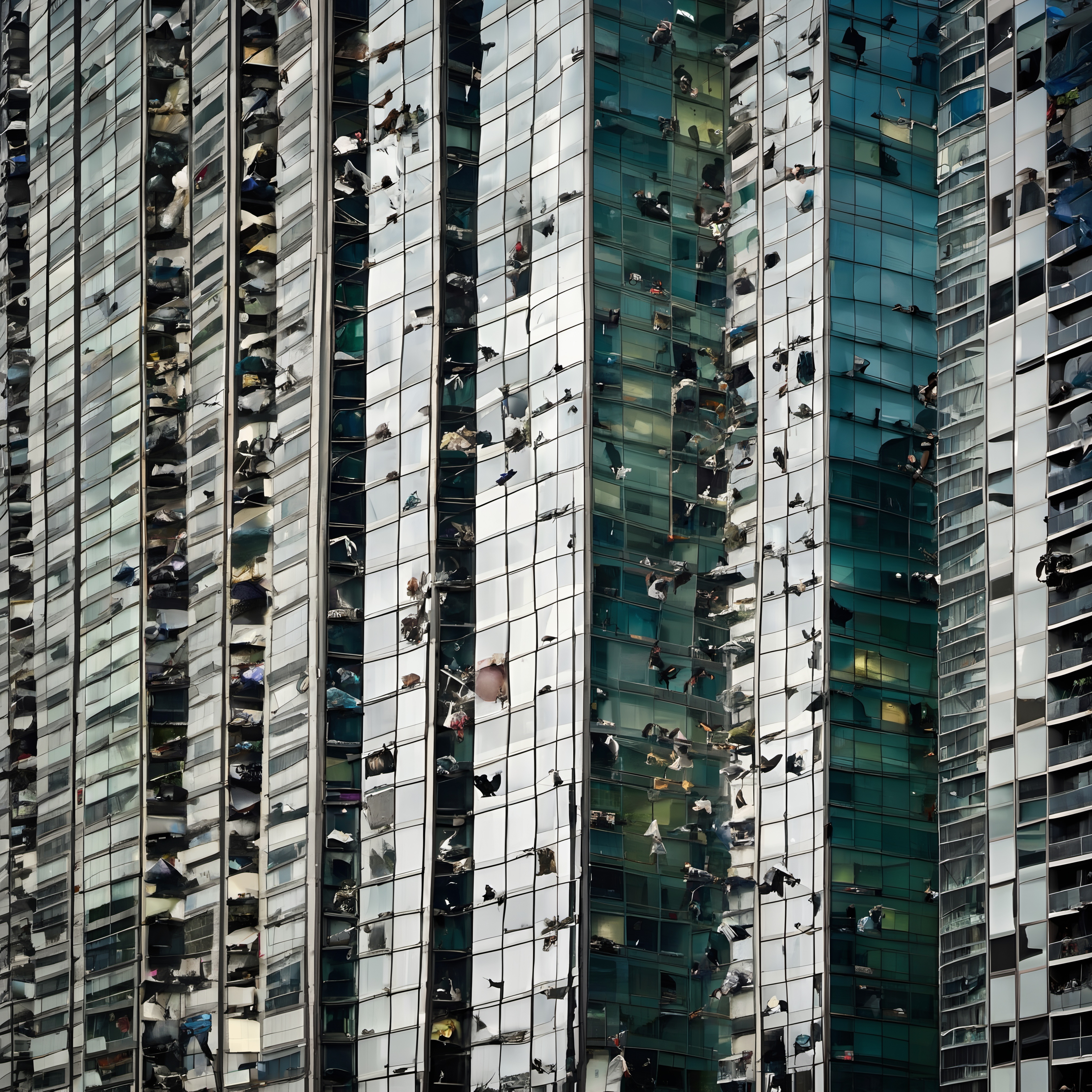 Shattered Glass Facade of High-Rise Building After Fire Incident