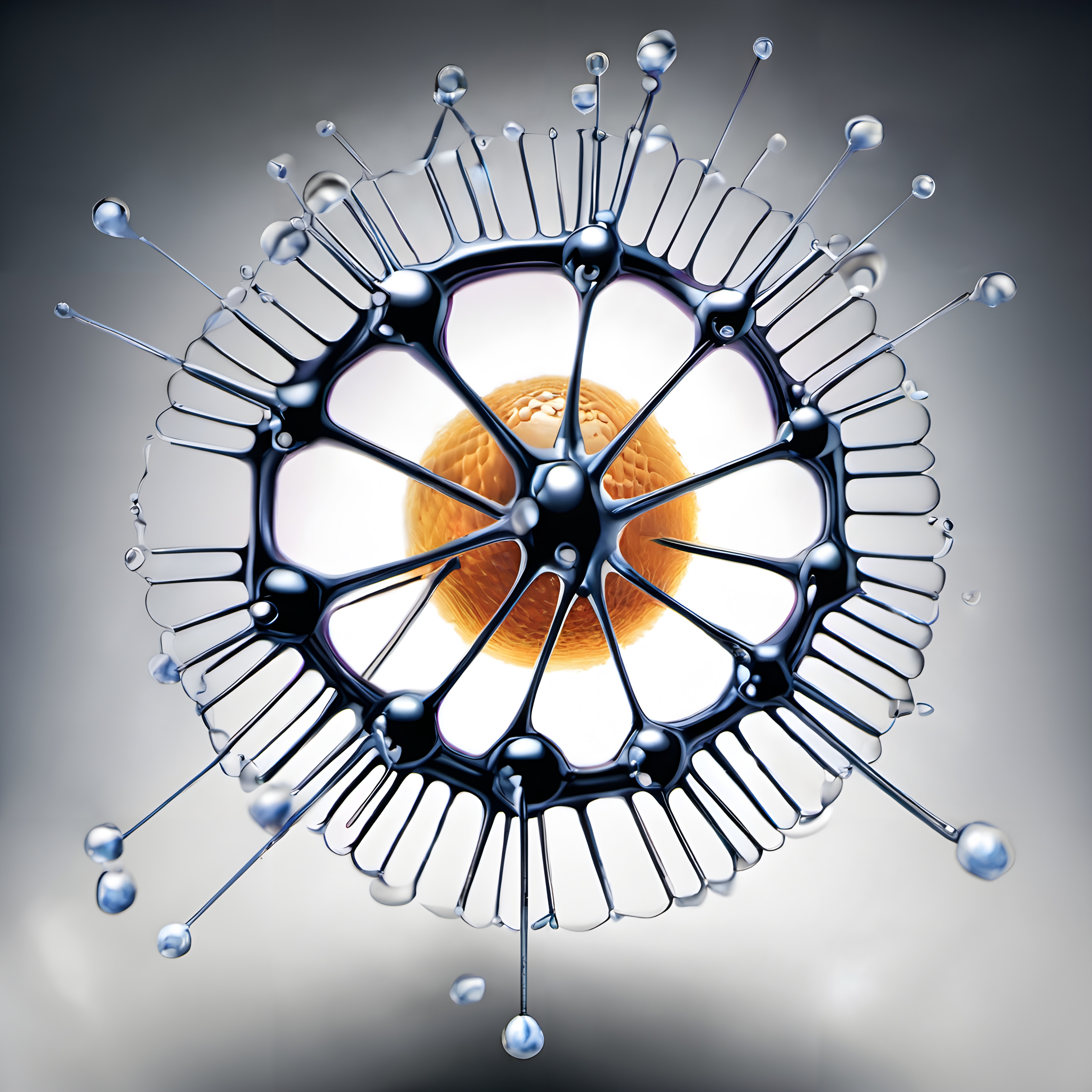 Abstract futuristic cell-like structure with orange sphere and metallic tendrils.