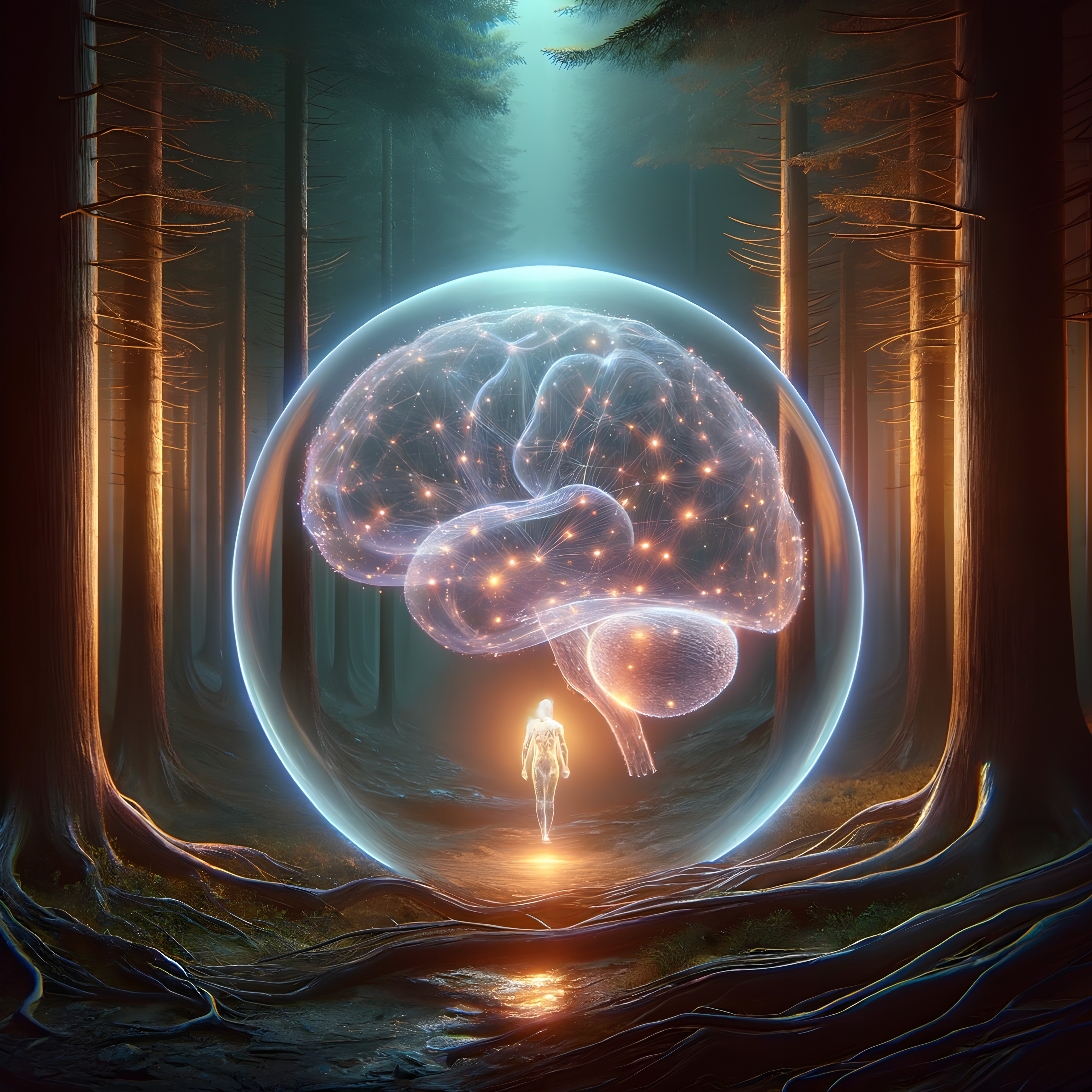 A glowing human figure stands under a bright digital brain in a mystical forest setting.