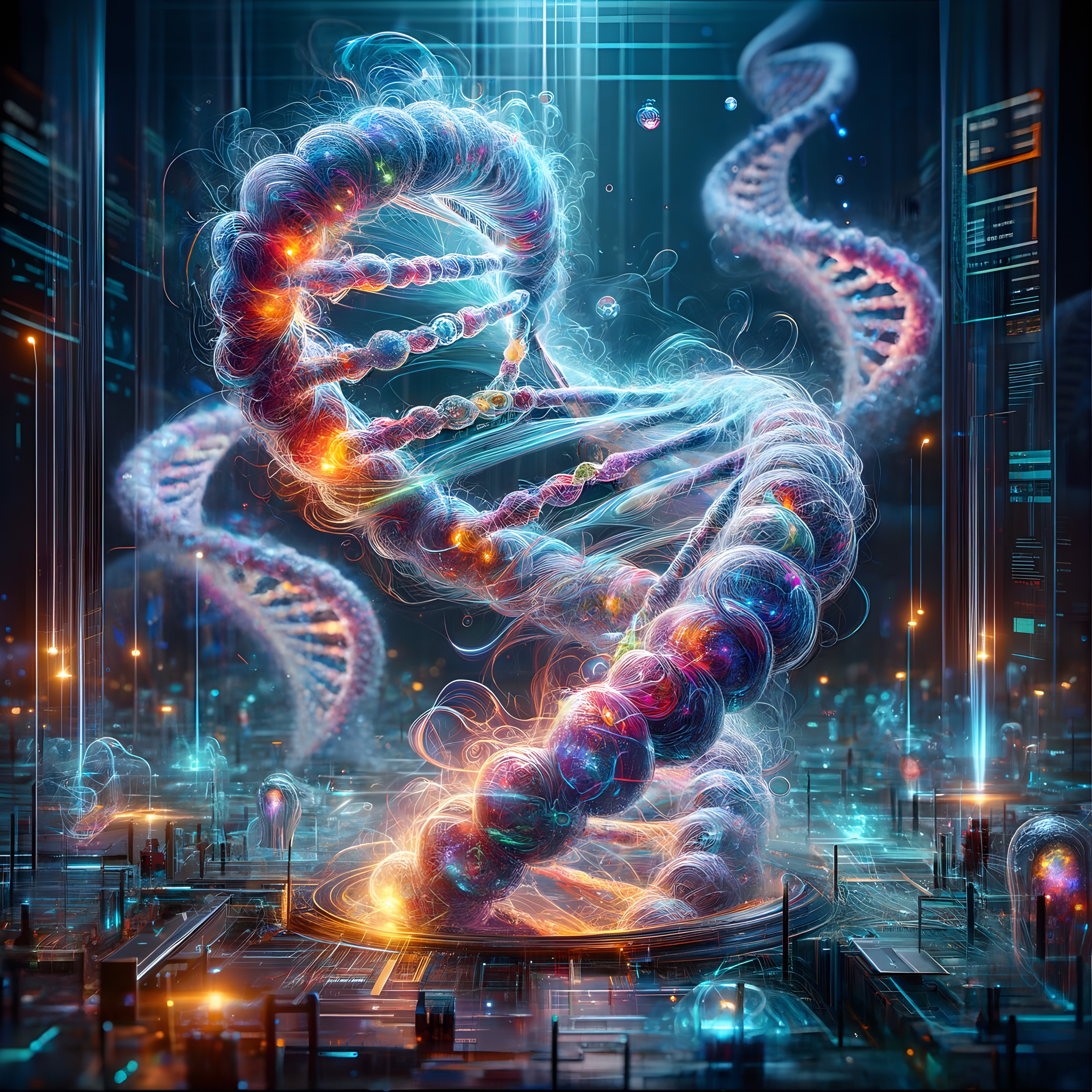 Colorful futuristic digital DNA helix in advanced laboratory setting.