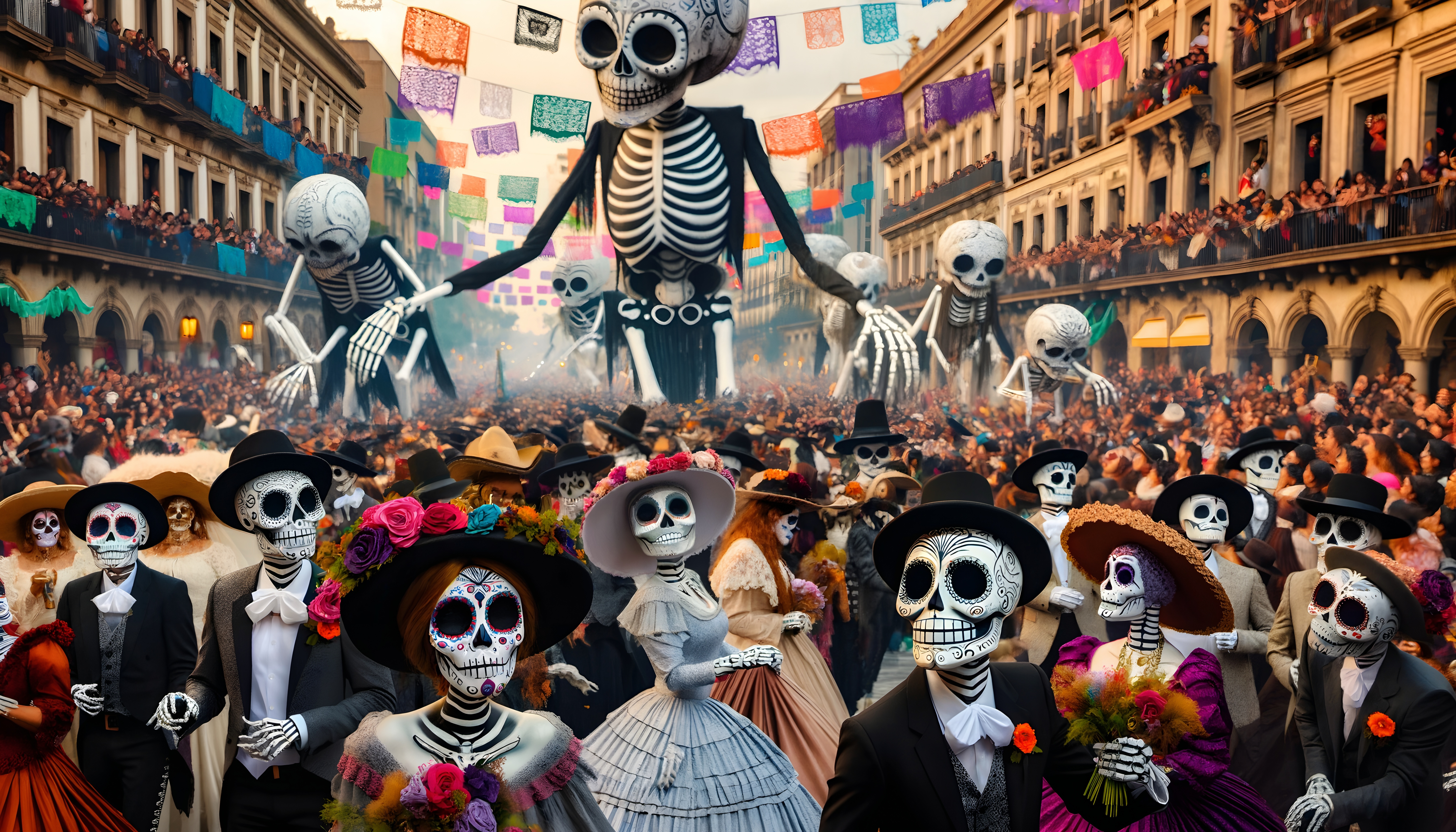Vibrant Day of the Dead parade featuring giant skeletons, colorful costumes, and festive crowds celebrating Mexican traditions.