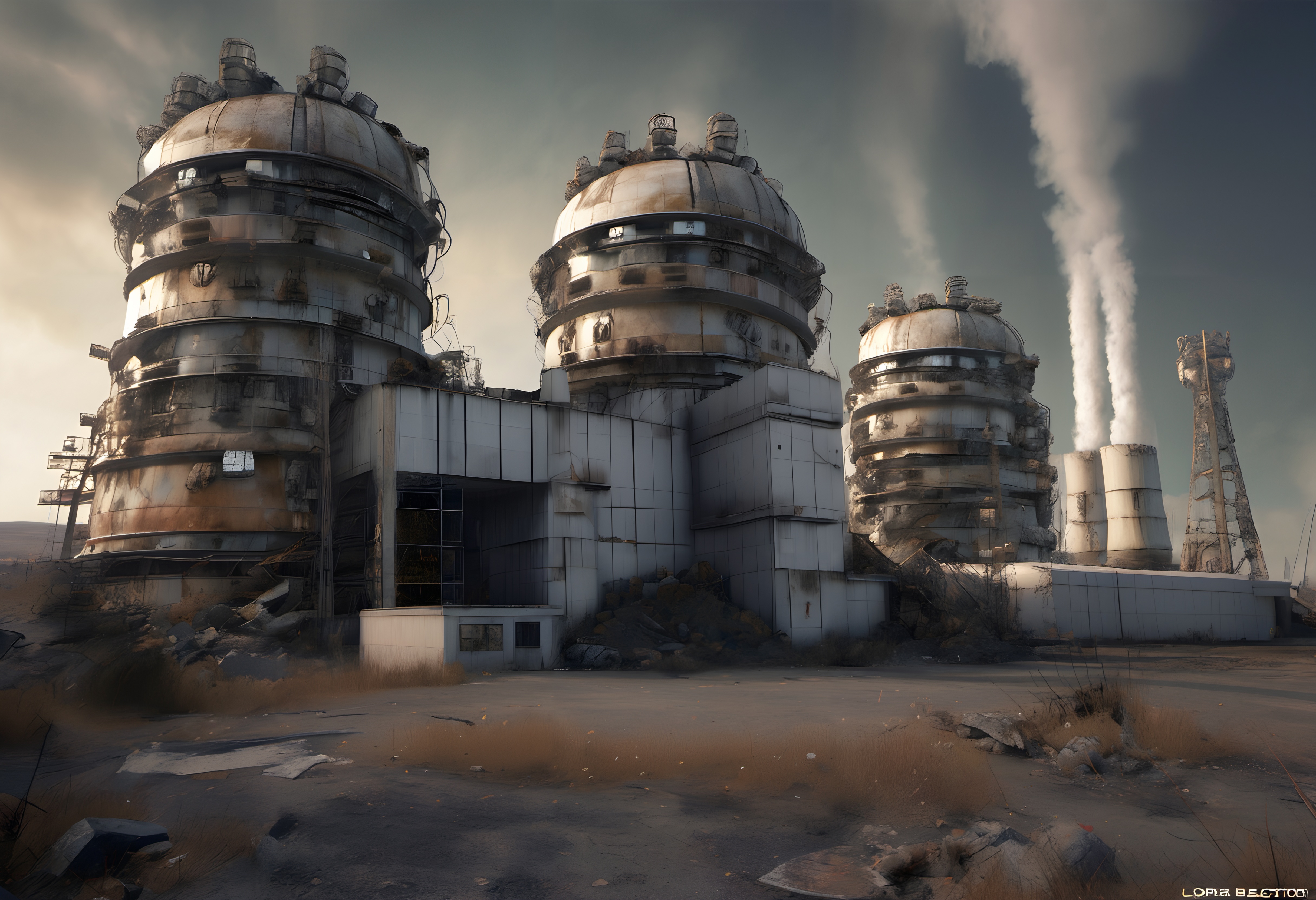 Abandoned Nuclear Power Plant with Rusty Domes and Industrial De