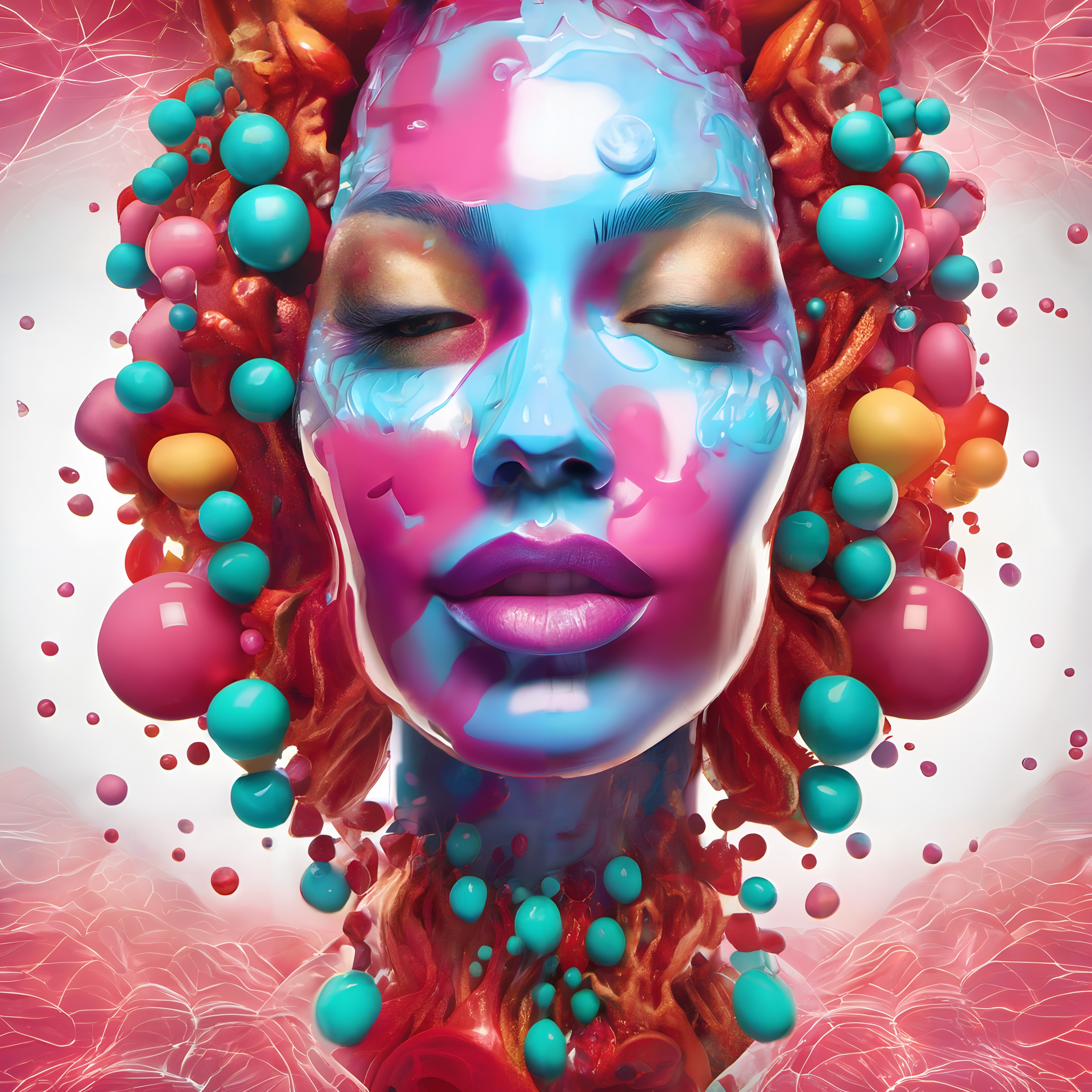 A surreal, colorful face surrounded by vibrant spheres and organic textures, blending pink and blue hues.