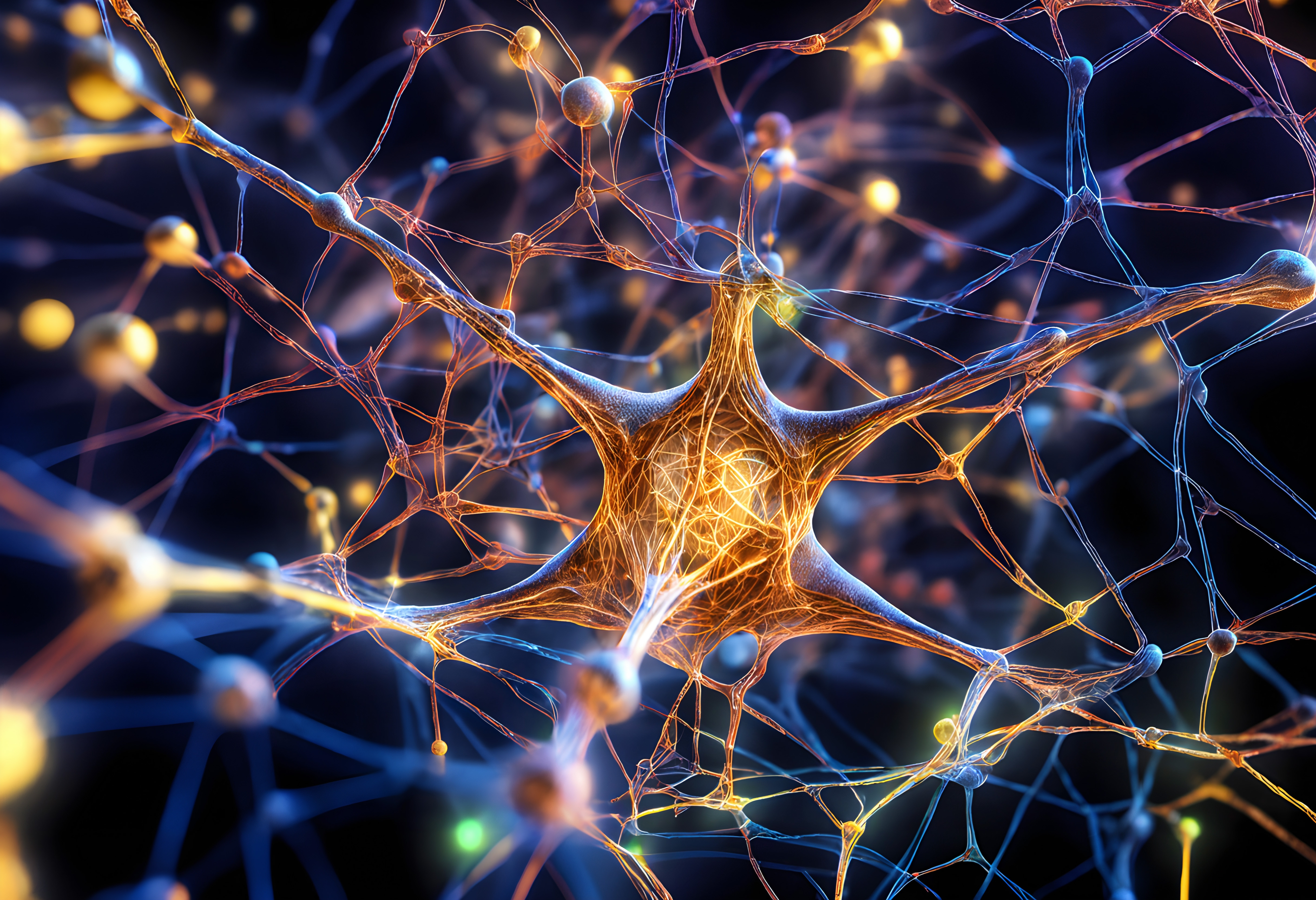 Close-up illustration of an intricate neural network with vibrant, glowing connections, showcasing neuron activity and complex pathways.