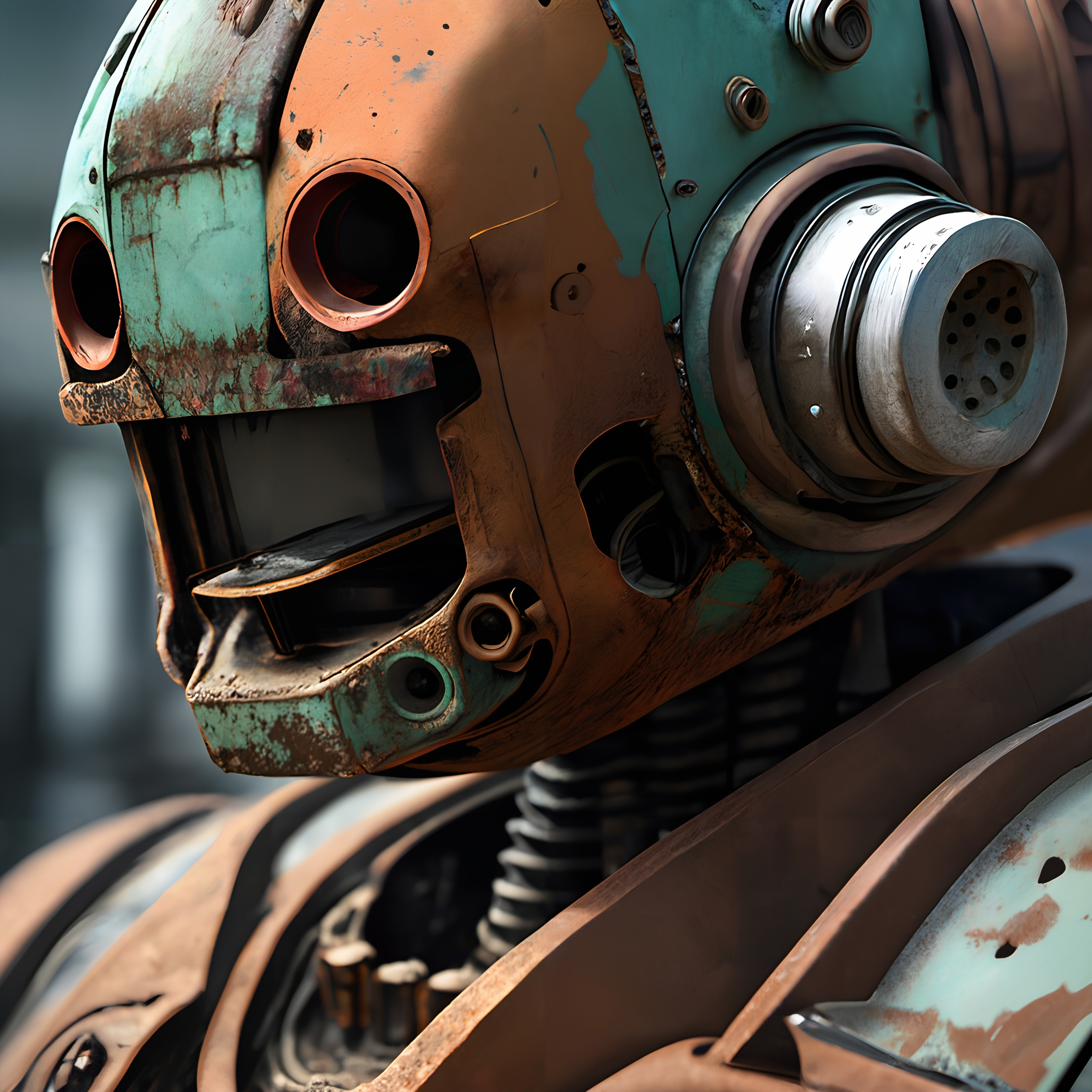 Decayed robotic head with rusted teal and bronze paint showing advanced deterioration details