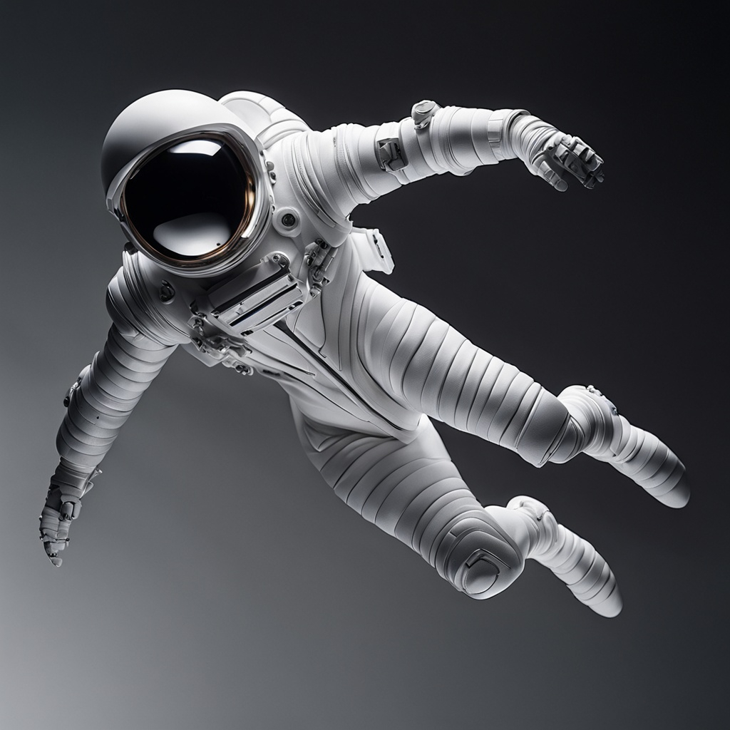 Astronaut in white spacesuit floating zero gravity isolated background detailed pressure suit