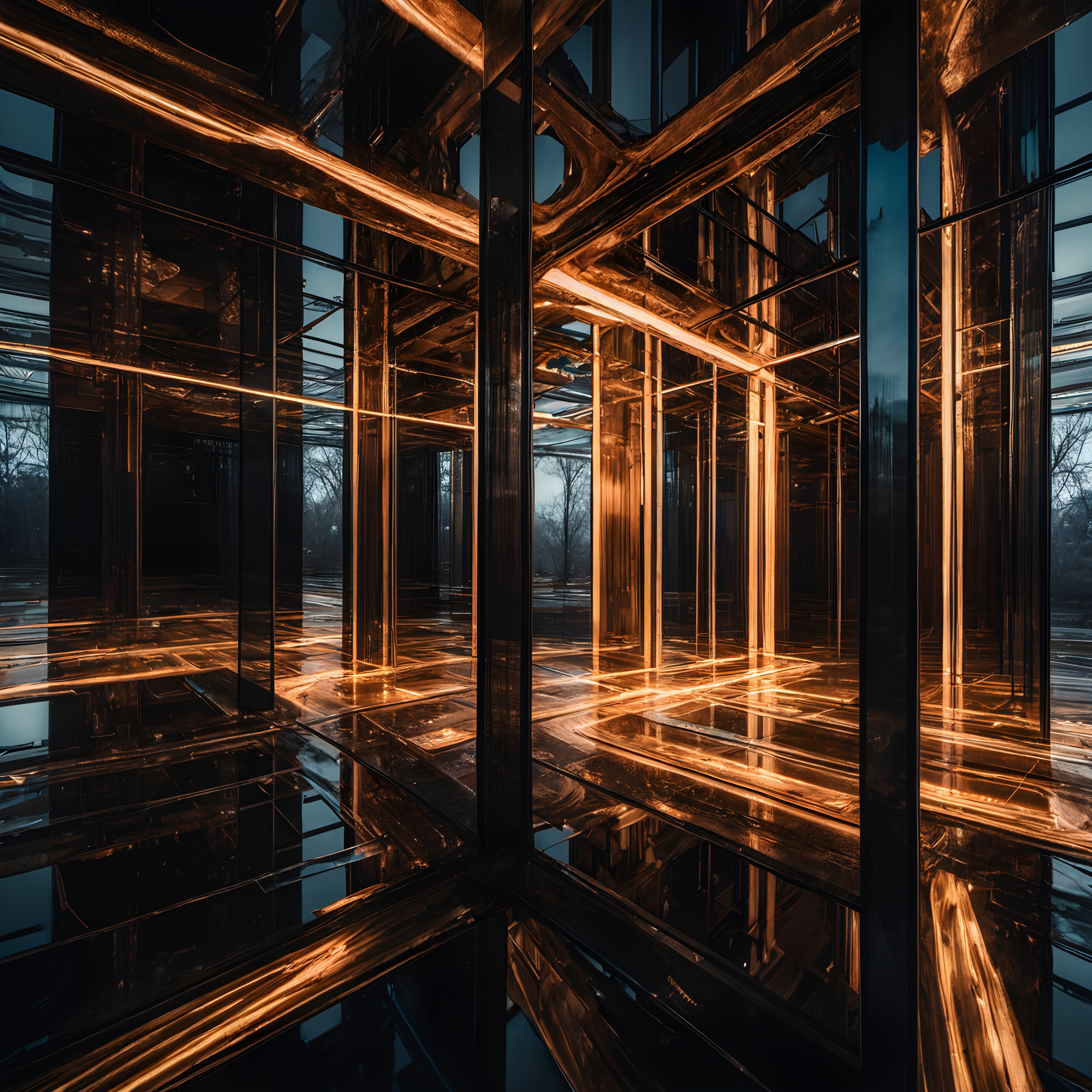 Modern Glass and Metal Reflective Interior with Warm Golden Ligh