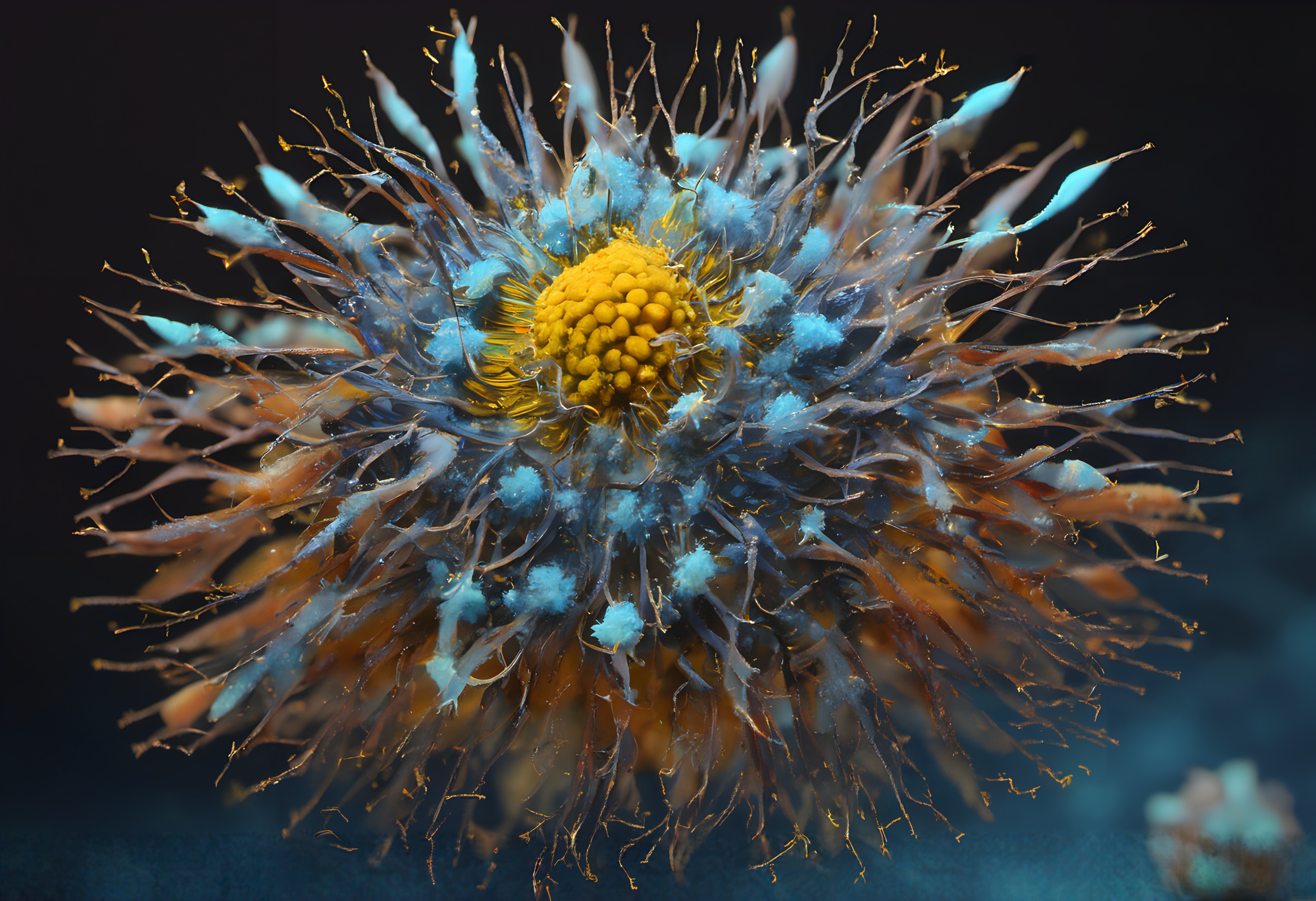 Macro Shot of a Vibrant Anemone or Coral Structure Against a Dar