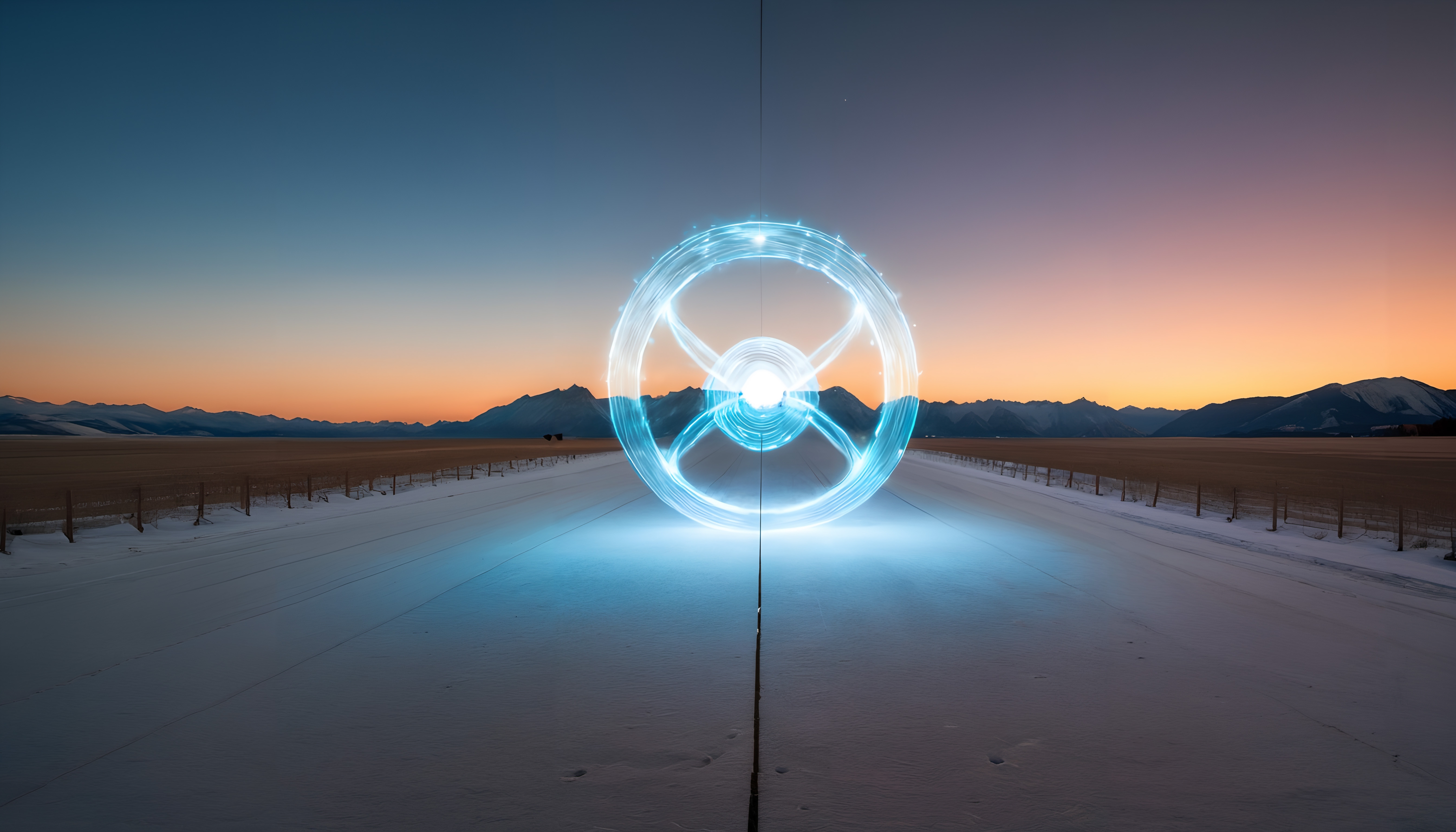Futuristic Light on Snowy Road