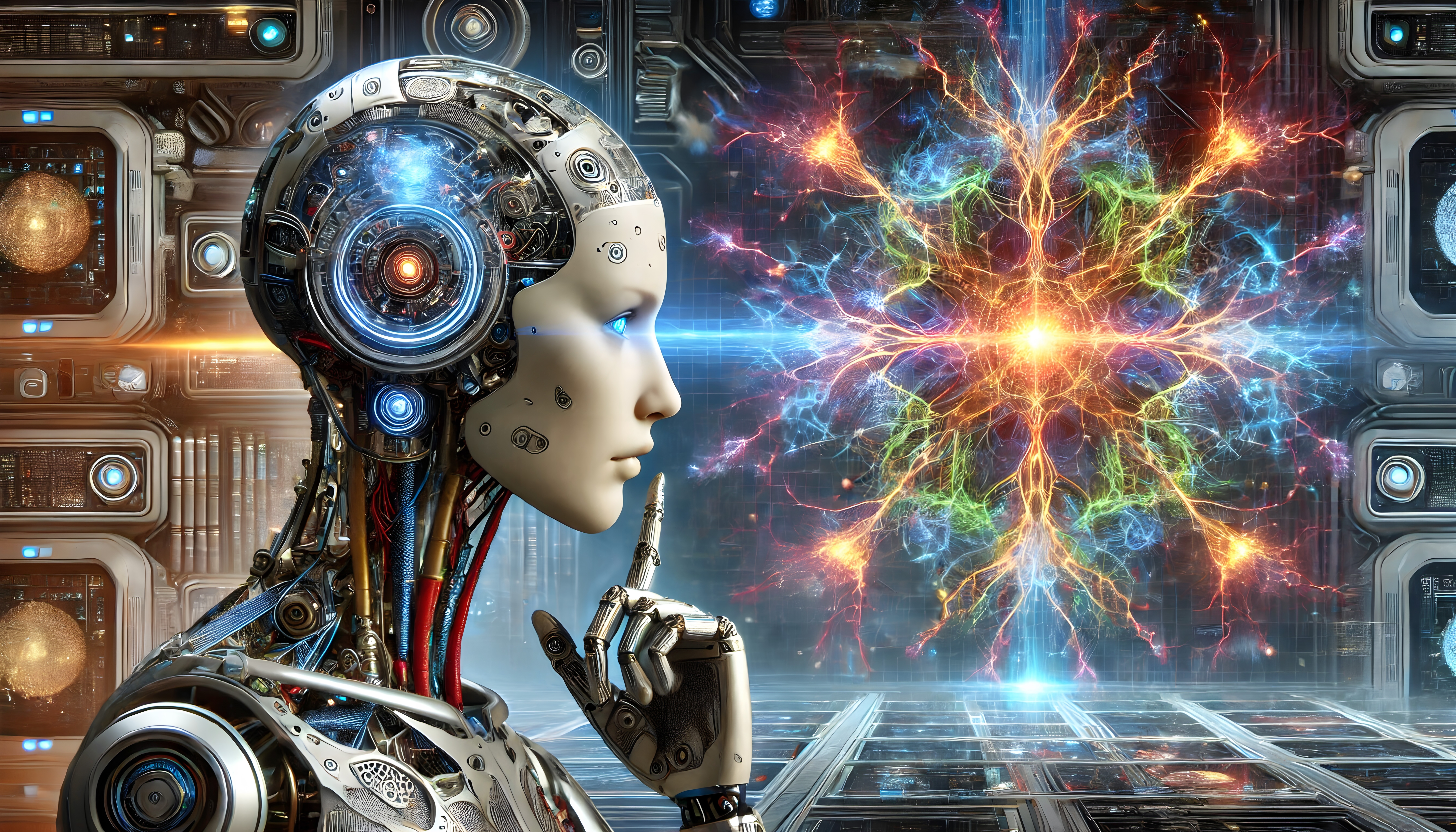 Futuristic Robot Contemplates Neural Network