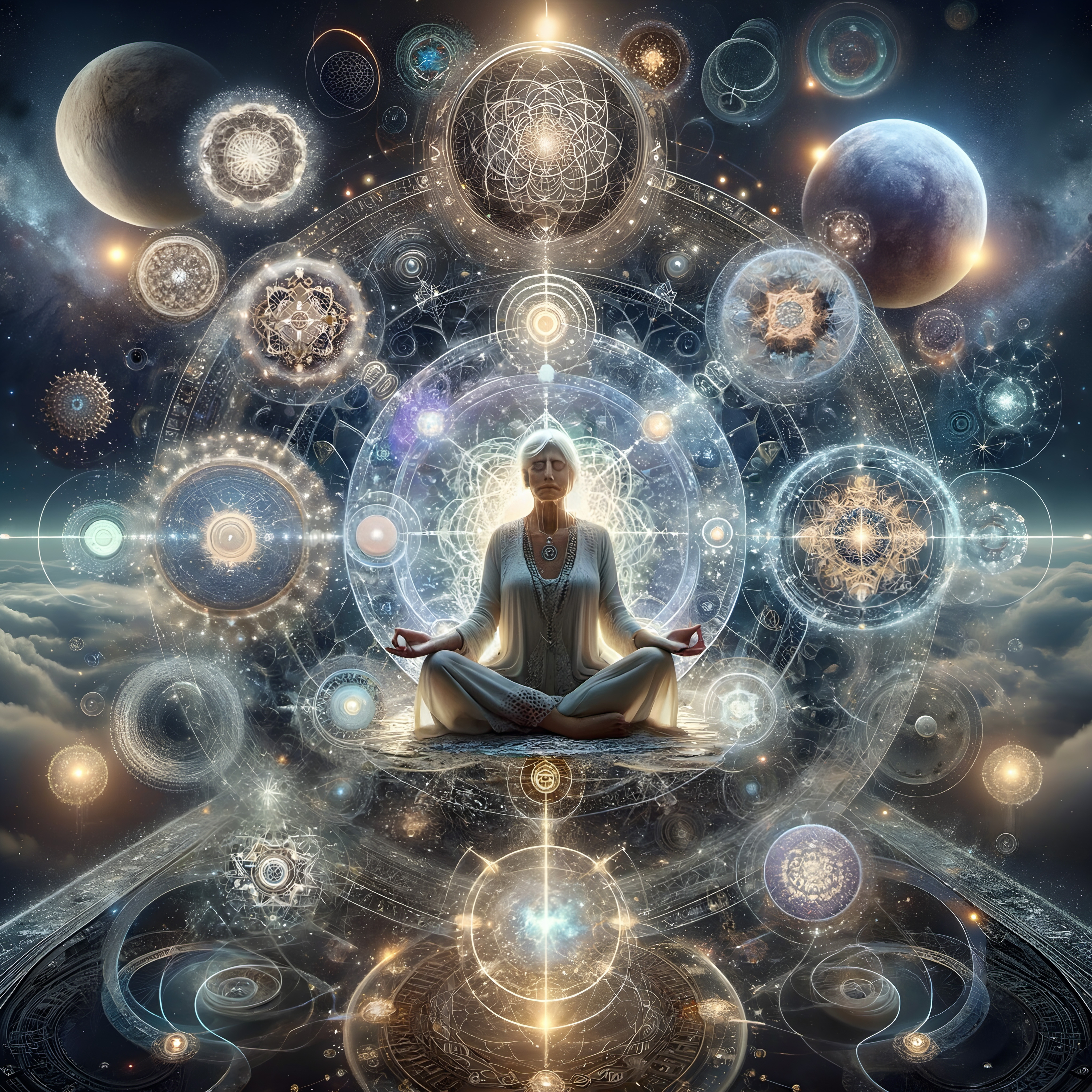 A person meditates amidst cosmic geometric patterns.