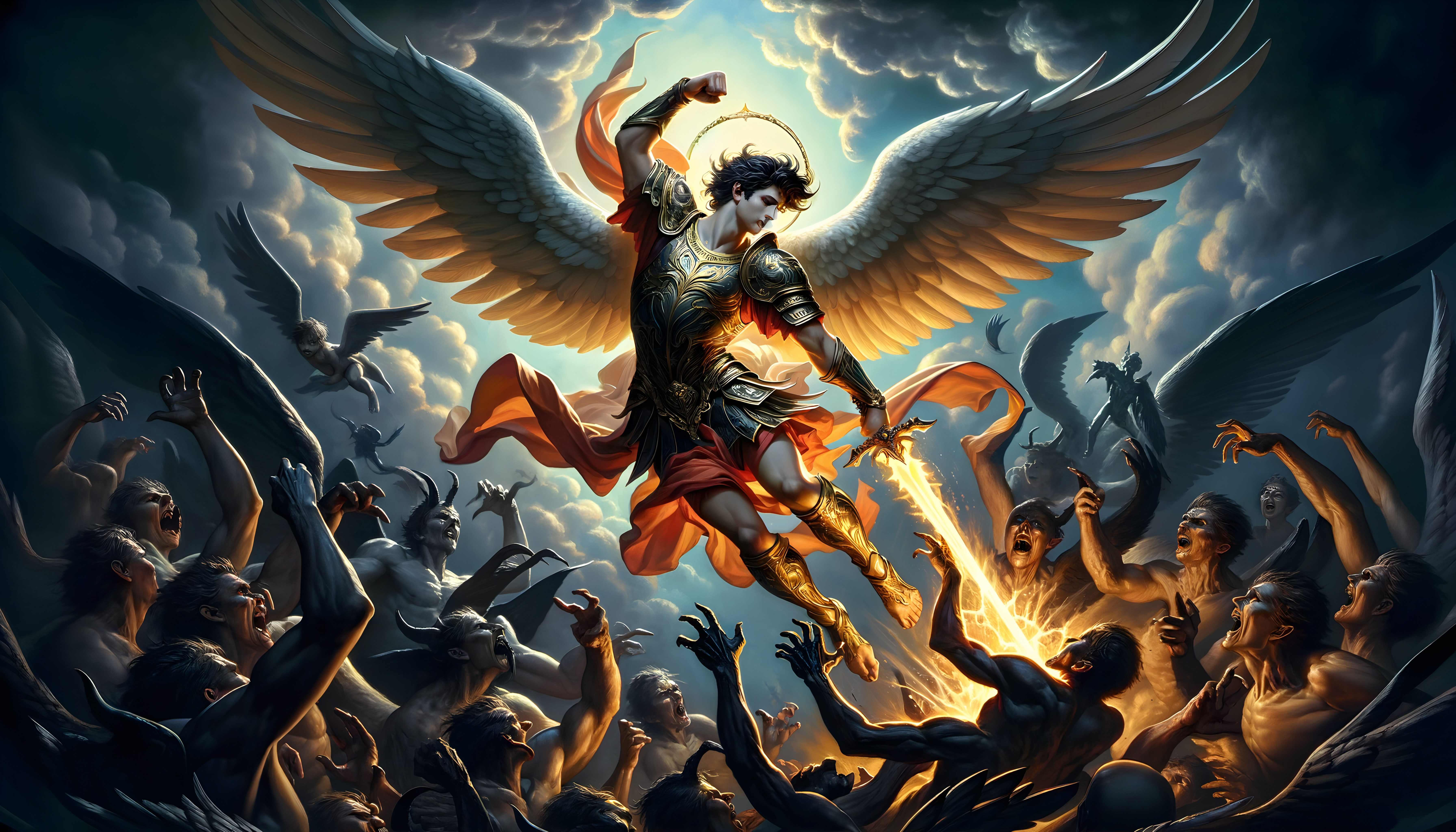 Celestial Warrior Defending Against Demonic Horde Amidst Stormy