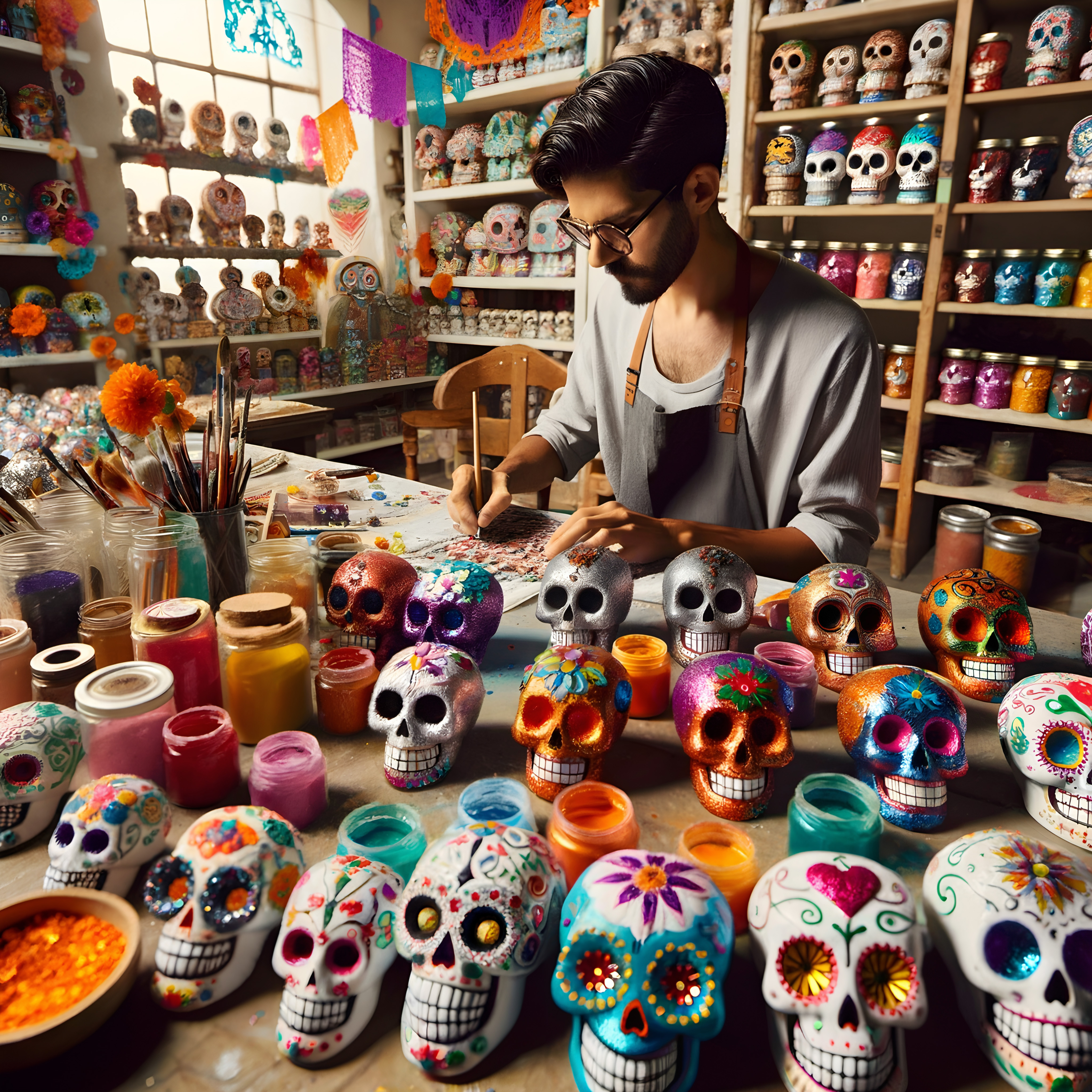 Artist painting traditional Mexican sugar skulls for Día de los Muertos festival decoration