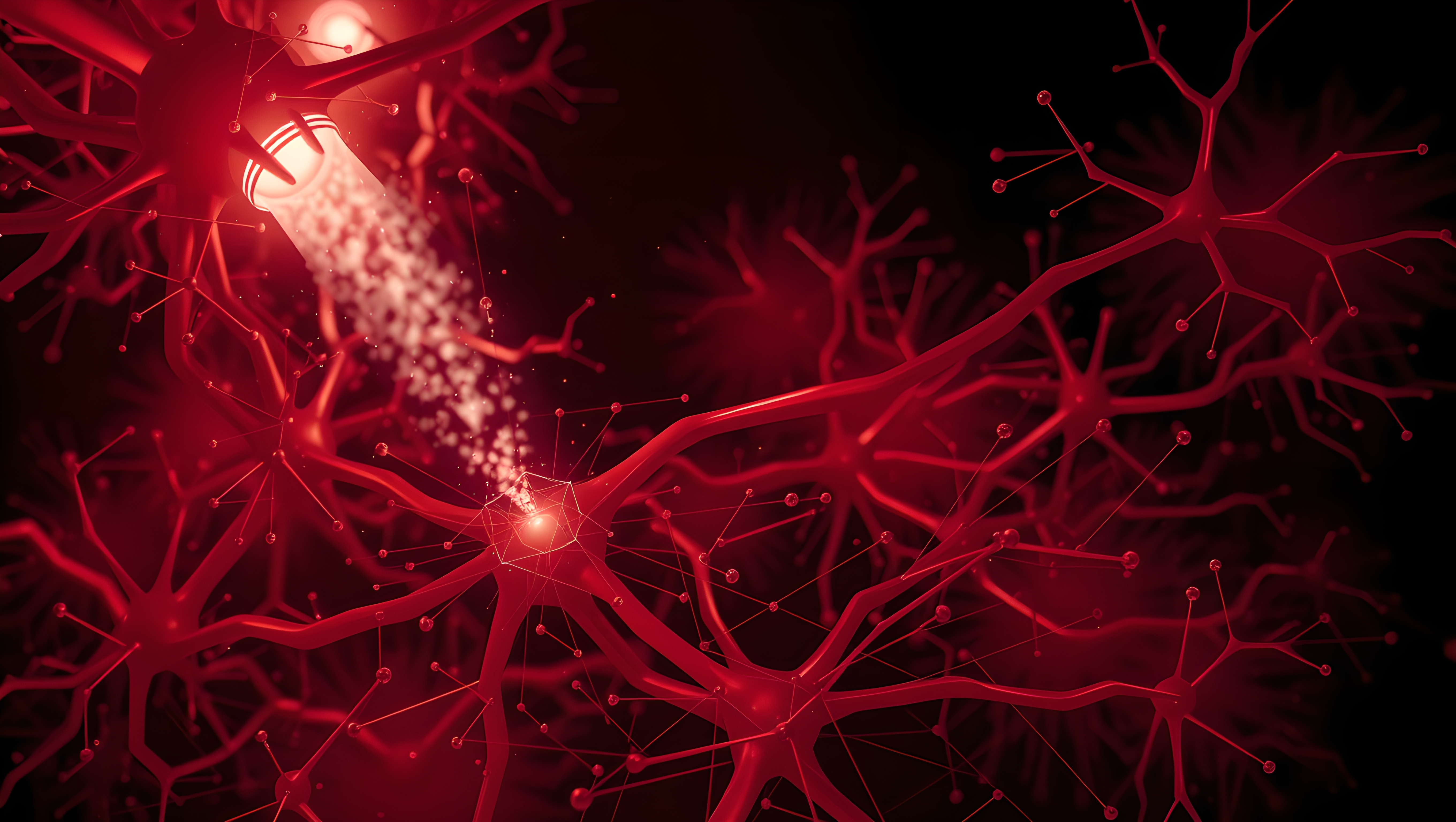 Vivid red visualization of neural networks and synaptic connections with glowing elements against a dark background.