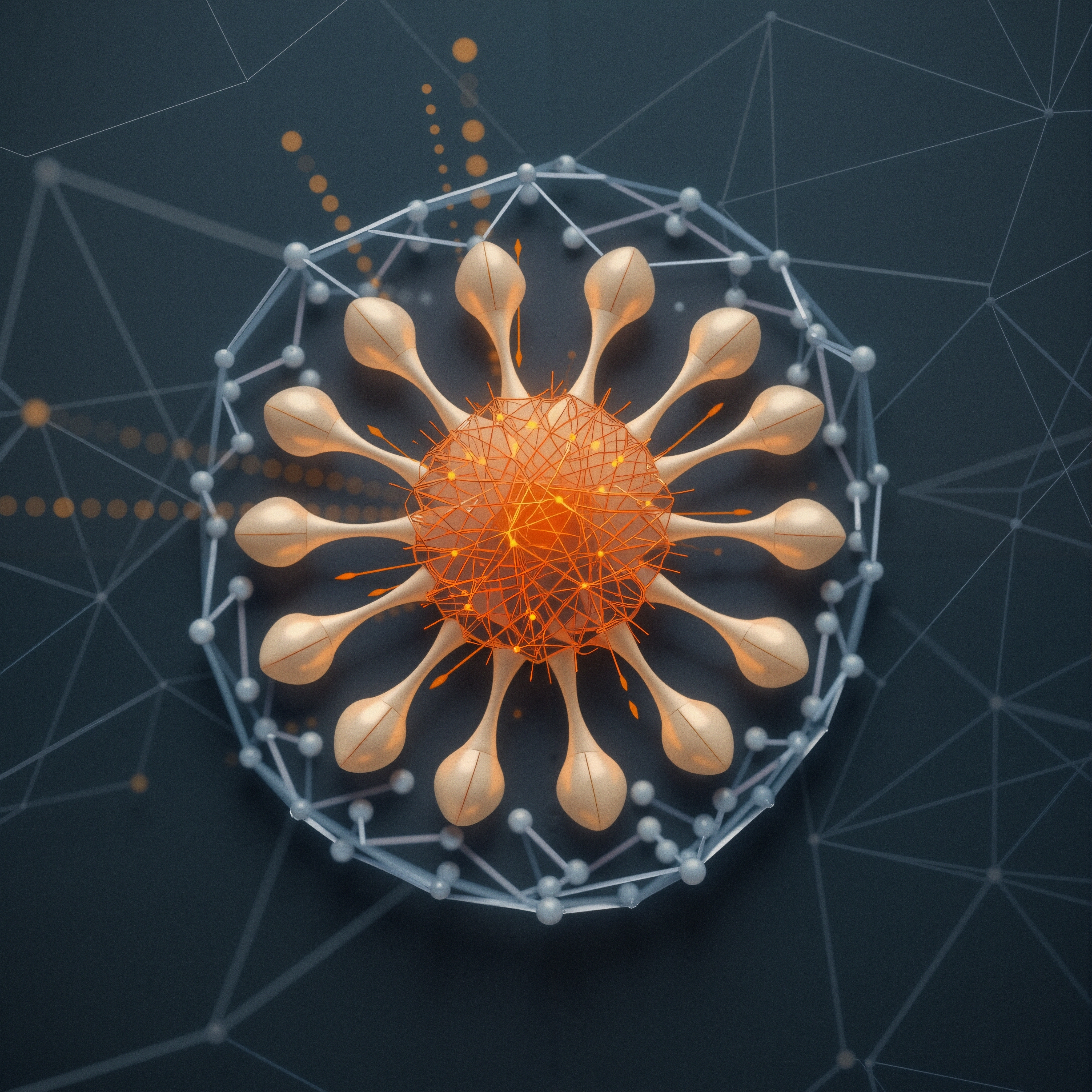 An intricate 3D abstract network with orange core sphere.