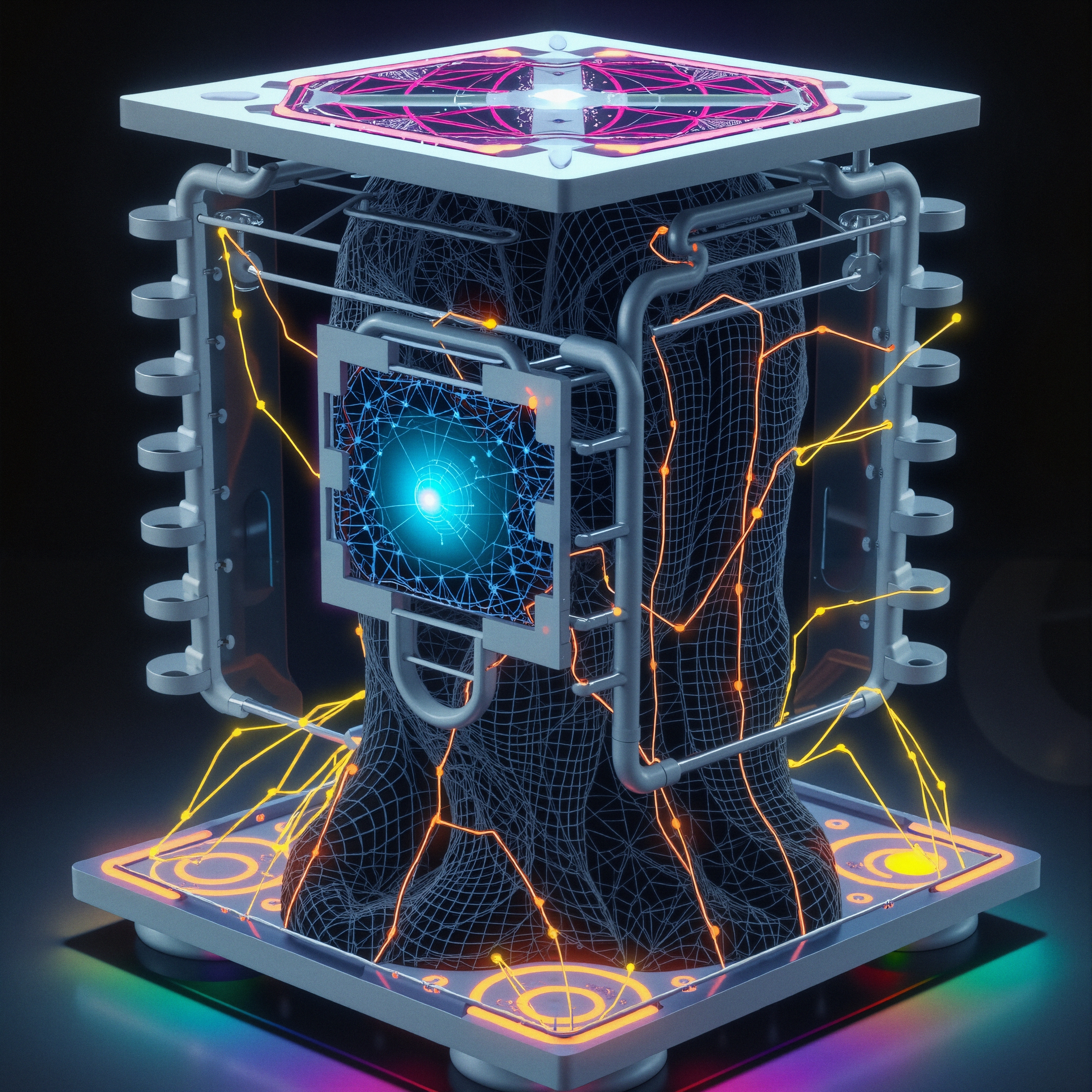 Futuristic cube with glowing neon elements.